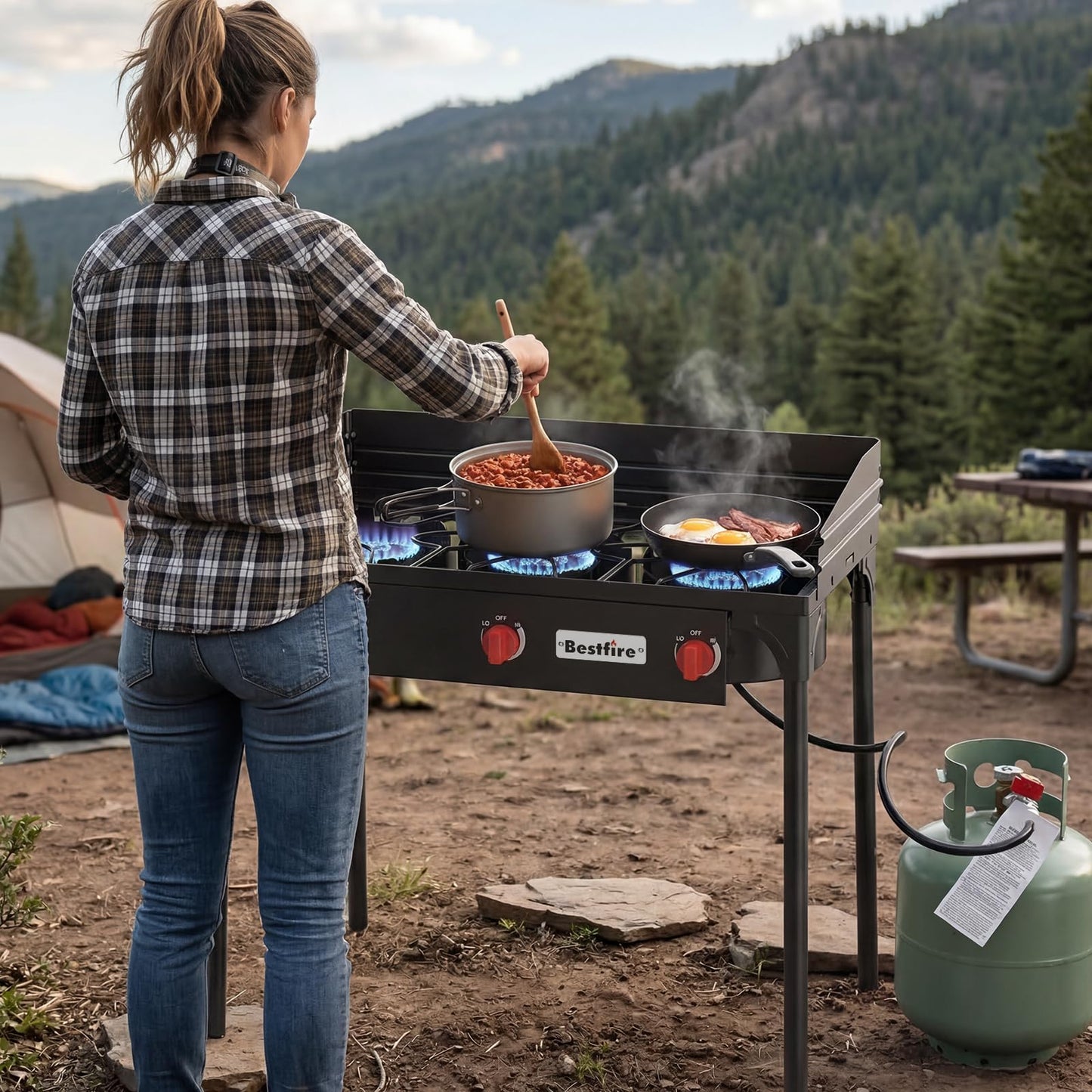 BSETFIRE 3 Burner Camping Stove, 225,000 BTU Propane Stove with Detachable Windscreen, 20 PSIG Regulator & Removable Legs for Outdoor Cooking, Canning & BBQ