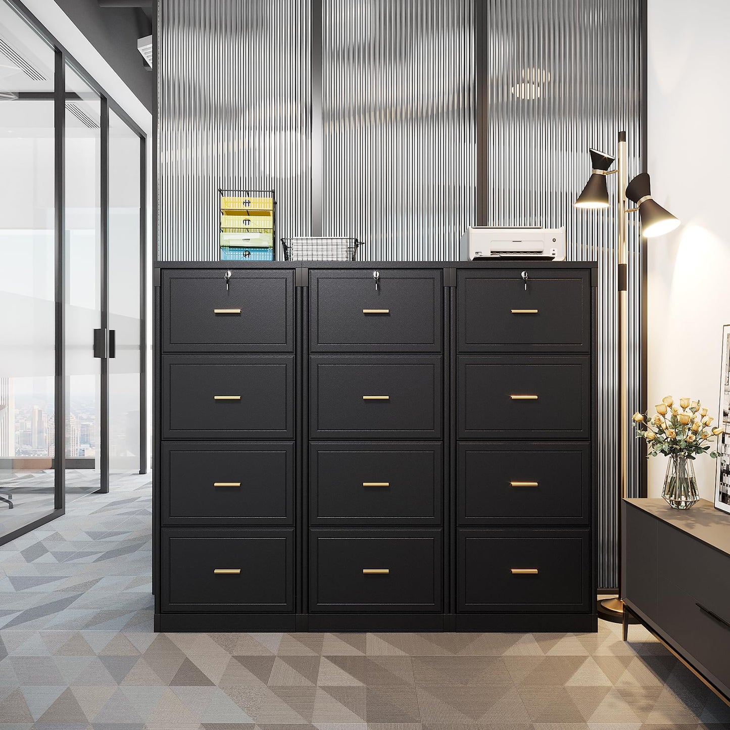 LITTLE TREE 4-Drawer File Cabinet with Lock, Large Vertical Storage Cabinet, Secure Space-Saver for Home Office, Compatible with A4/F4/Letter/Legal Size Files, Filing Cabinets for Home Office, Black