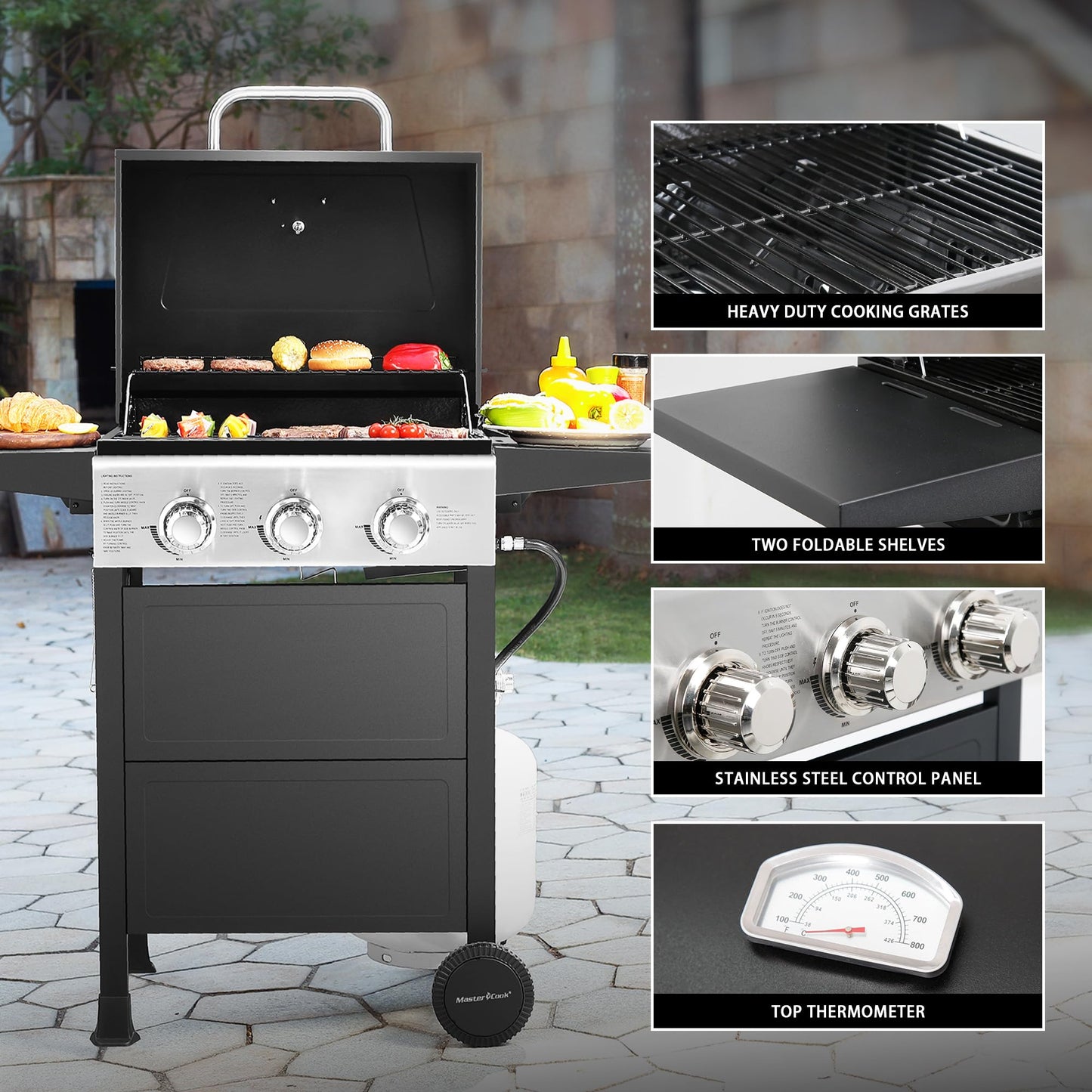 MASTER COOK 3 Burner BBQ Propane Gas Grill, 472 Sq. In. Cooking Area, 30,000 BTU Stainless Steel Barbecue Grill with Two Foldable Shelves for Outdoor Patio, Backyard