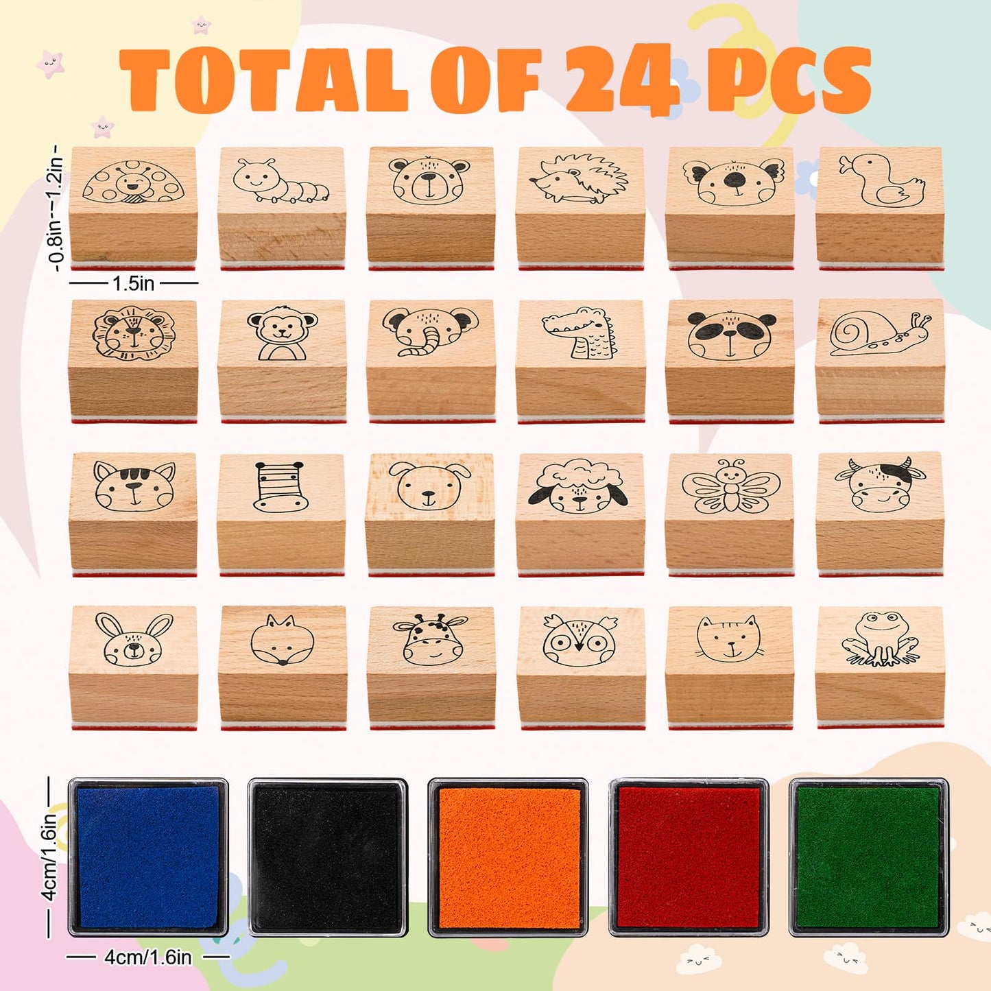 Whaline 29 Pcs Cartoon Animal Wooden Rubber Stamps with Ink Pads Cute Cartoon Pattern DIY Craft Stamps for Party Decor Scrapbooking Cards Making