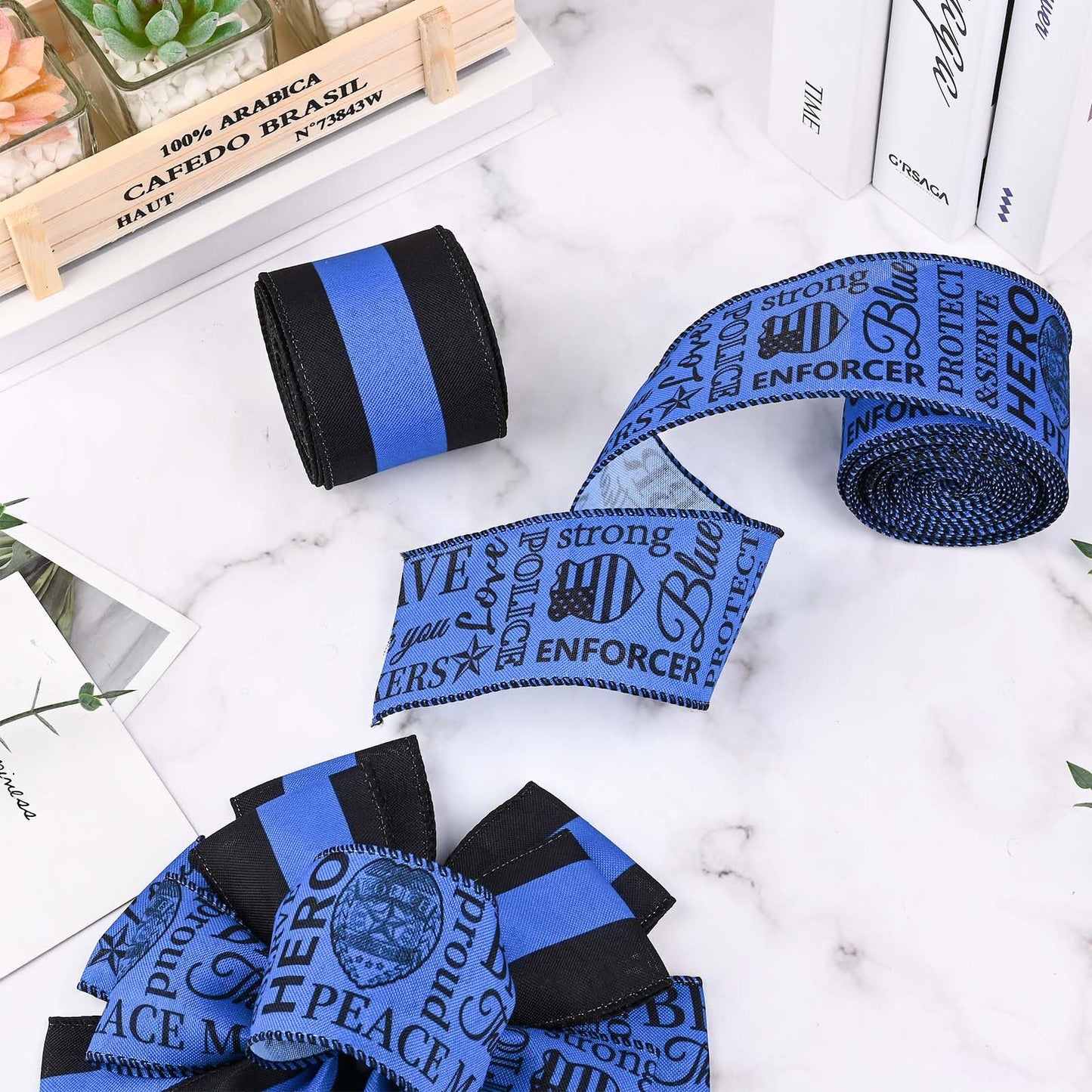 2 Rolls 20 Yards Police Support Wired Edge Ribbon, 2.5"Blue Black Stripe Police Badge Burlap Ribbon Memorial Day Patriotic Ribbons for Wreath Bow Making Police Support Decorations Supplies DIY Crafts