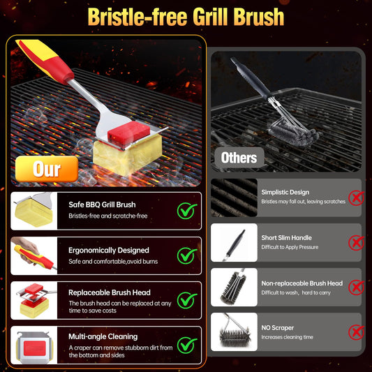 Grill Brush Bristle Free for Outdoor Grill, BBQ Grill Cleaner Brush and Scraper with Replaceable Head, Steam Grill Cleaning Brush 17'' Long Handle for Cast Iron Stainless Steel Grates,Red