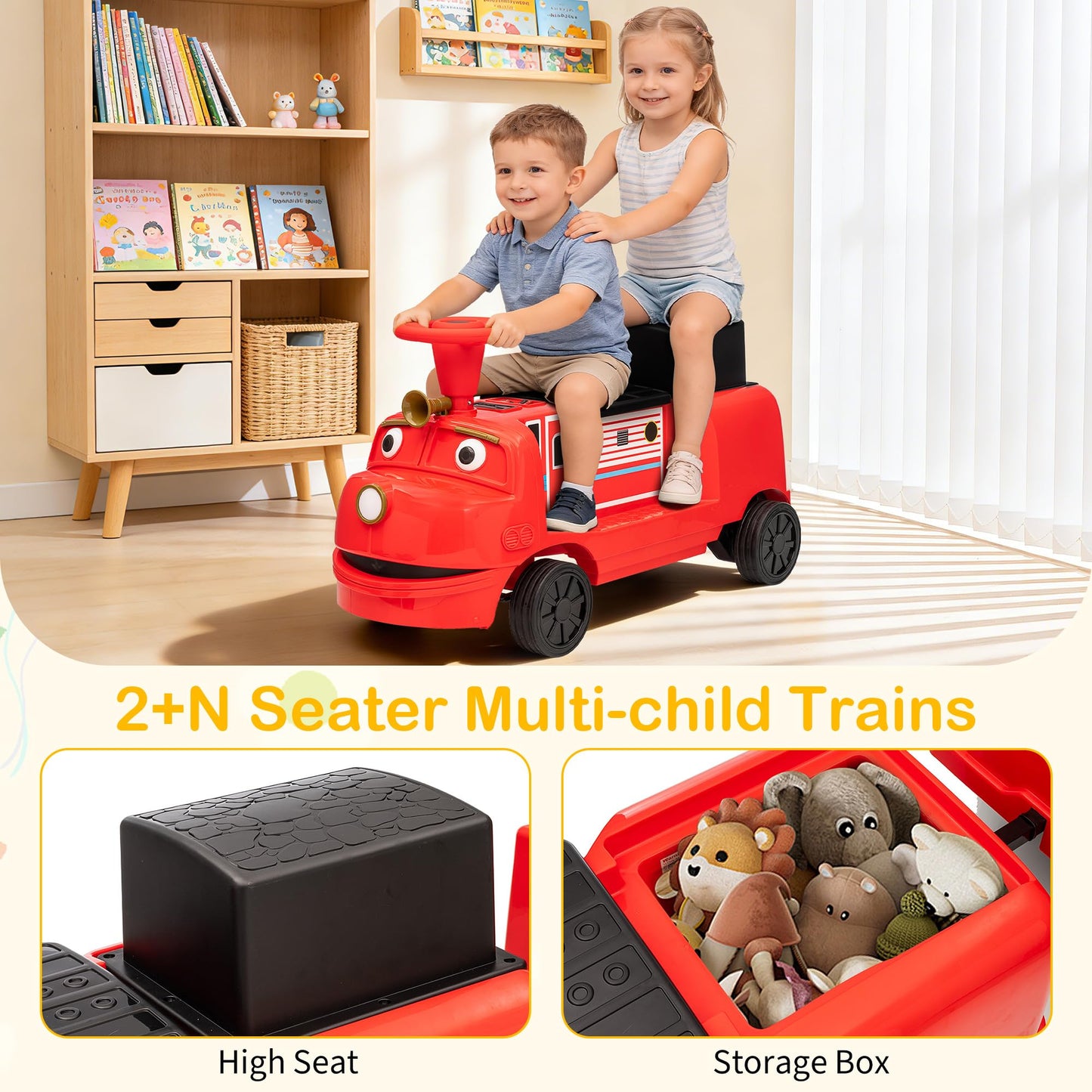 GarveeLife 2 Seater Ride On Train Trackless, 12V Kids Ride On Toy with Height Adjustable Seat, Storage Space, Music, 2 Speeds, Electric Car for Toddlers 3+ Carriage Not Included-Red