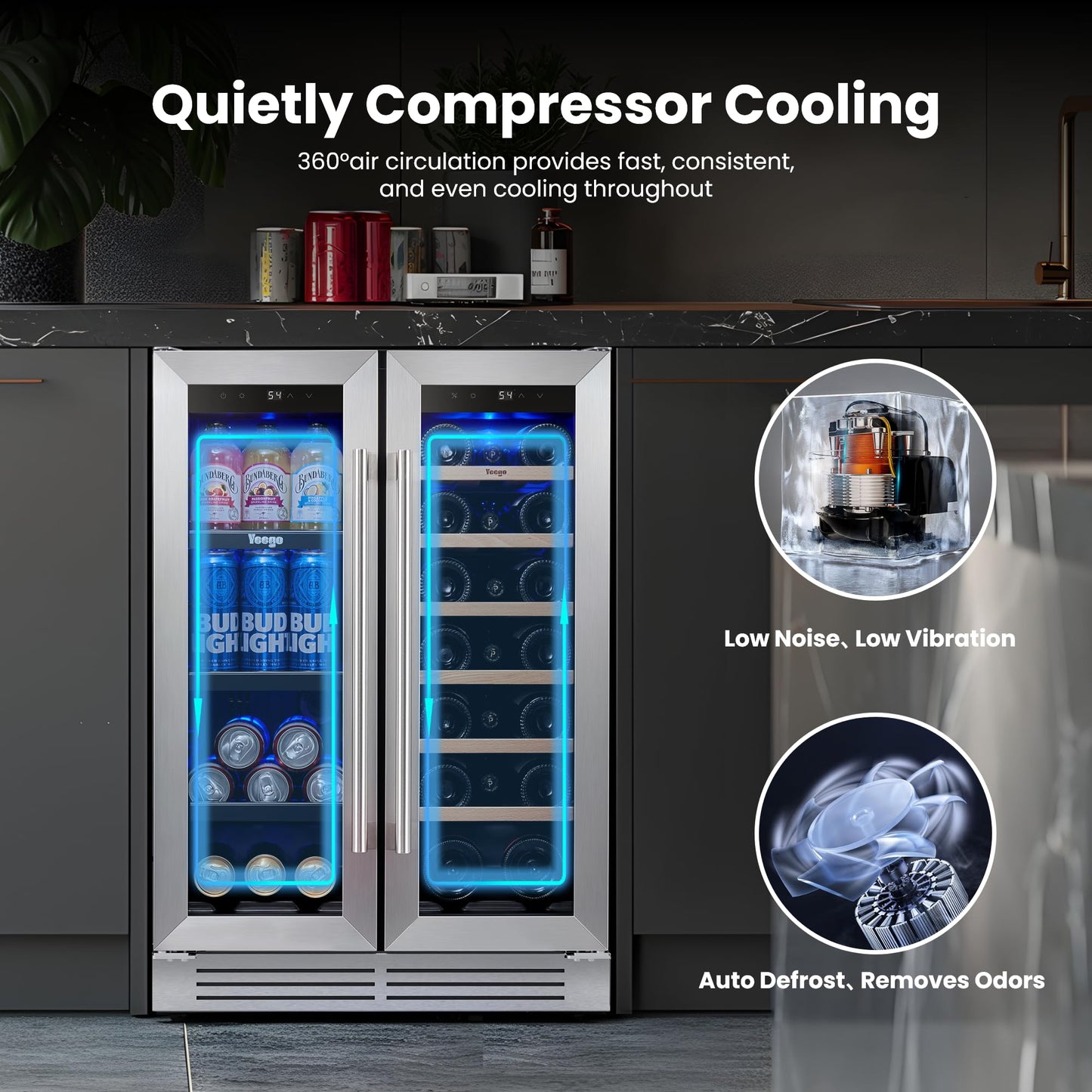 Yeego Wine and Beverage Refrigerator - 24 Inch Dual Zone Wine Fridge 60 Can & 20 Bottle, 36-72°F Cooler Built in Under Counter Fridge with Glass Door for Beer Soda Drink Home Bar Office