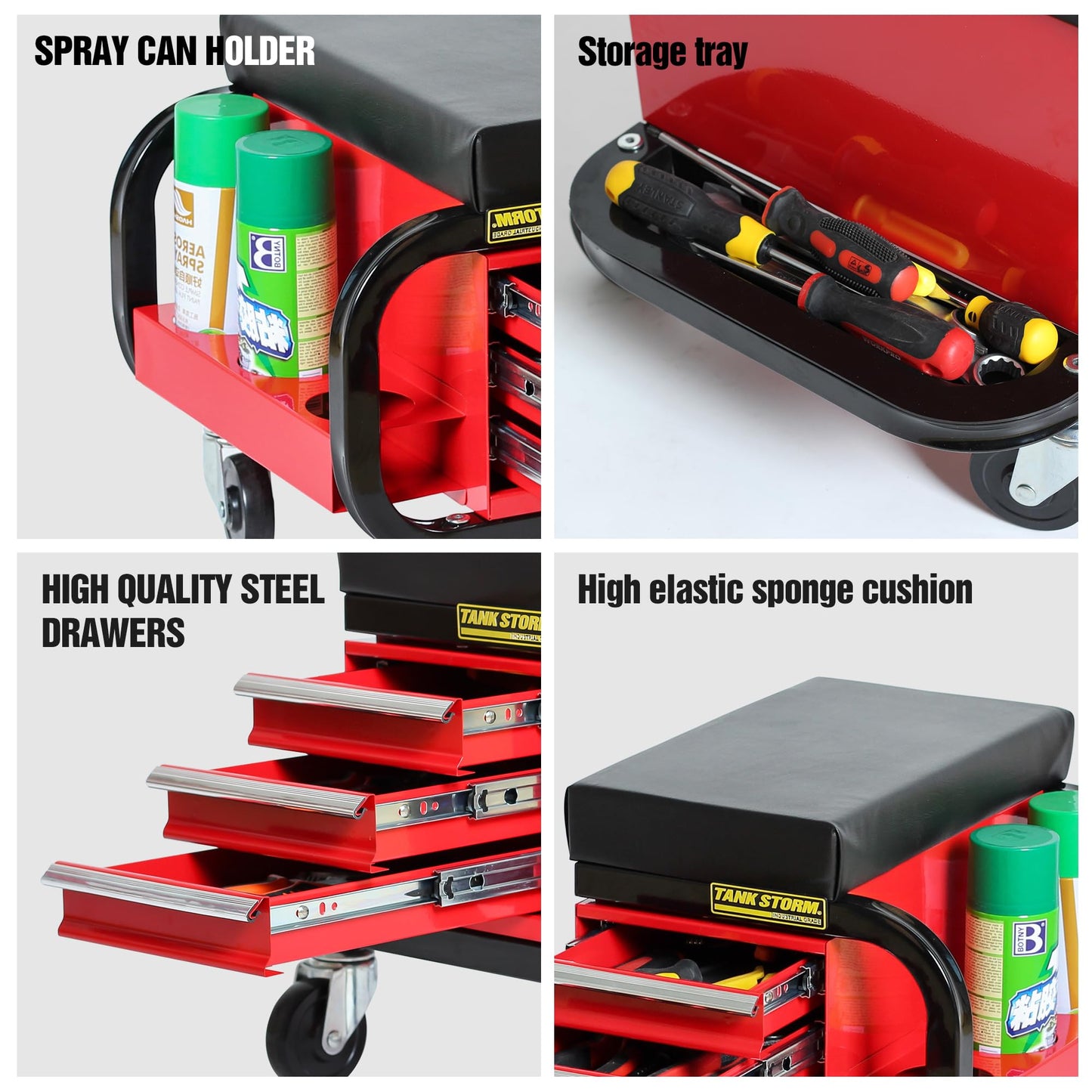 TANKSTORM Tool Box Built-in Creeper Seat, Garage Shop Roller Seat, 3 Drawers Heavy Duty Tool Chest with 4 Rolling Casters-350 Lbs Capacity