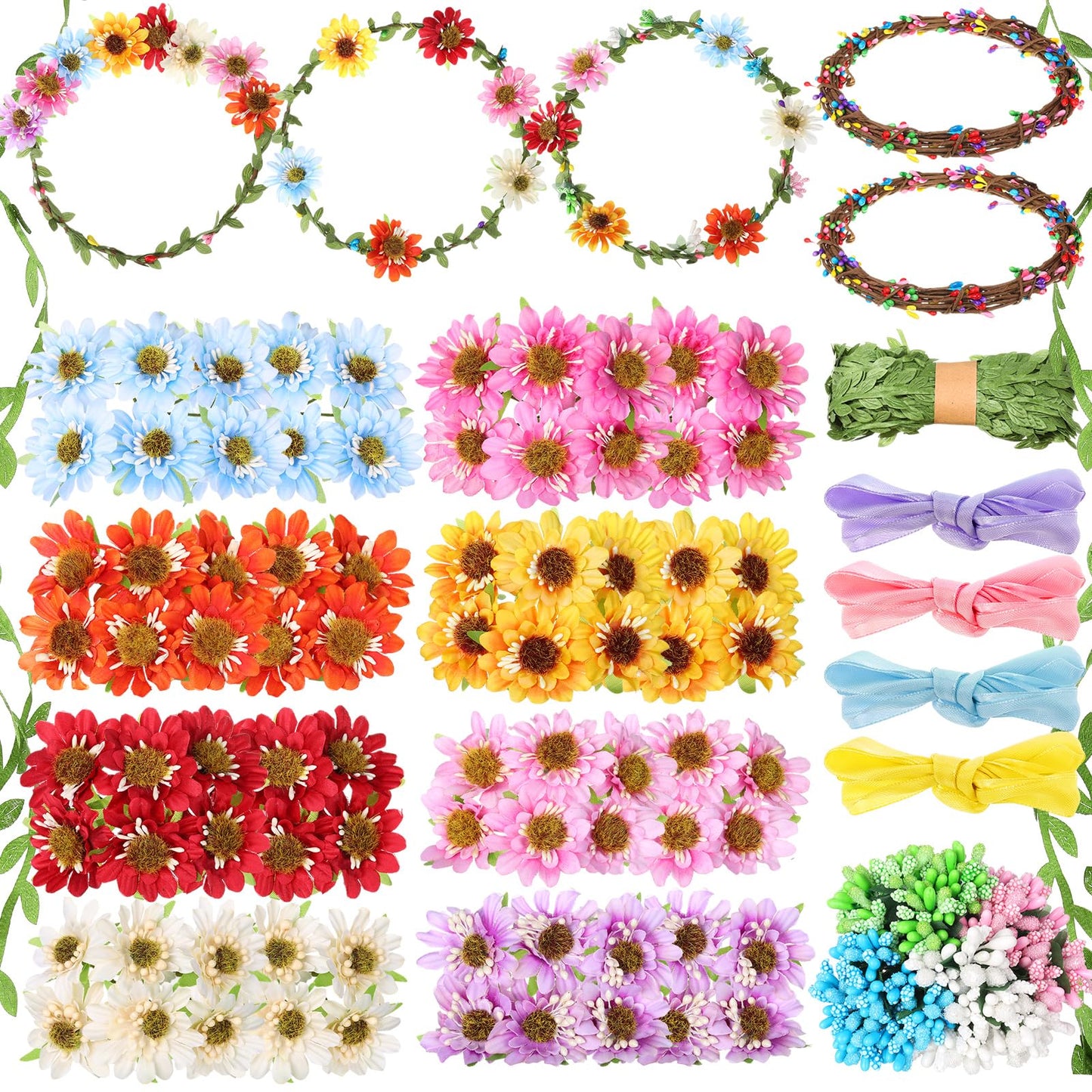 Zeyune 20 Sets Spring Tea Party Favor Flower Crowns Making Kit, Make Your Own Flower Crown Wreath Garland Headbands Craft Kit Handmade DIY Fairy Floral Hair Accessories Gift for Women (Sunflower)