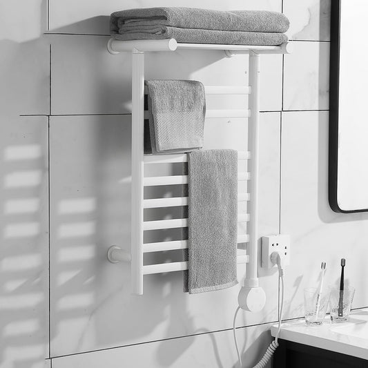Wall Mounted Towel Warmer Rack, 8 Bars Heated Towel Warmer Rack with Intelligent Digital Display,Built-in Smart Timer,104℉-149℉, with Top Shelf for Bathroom (White)