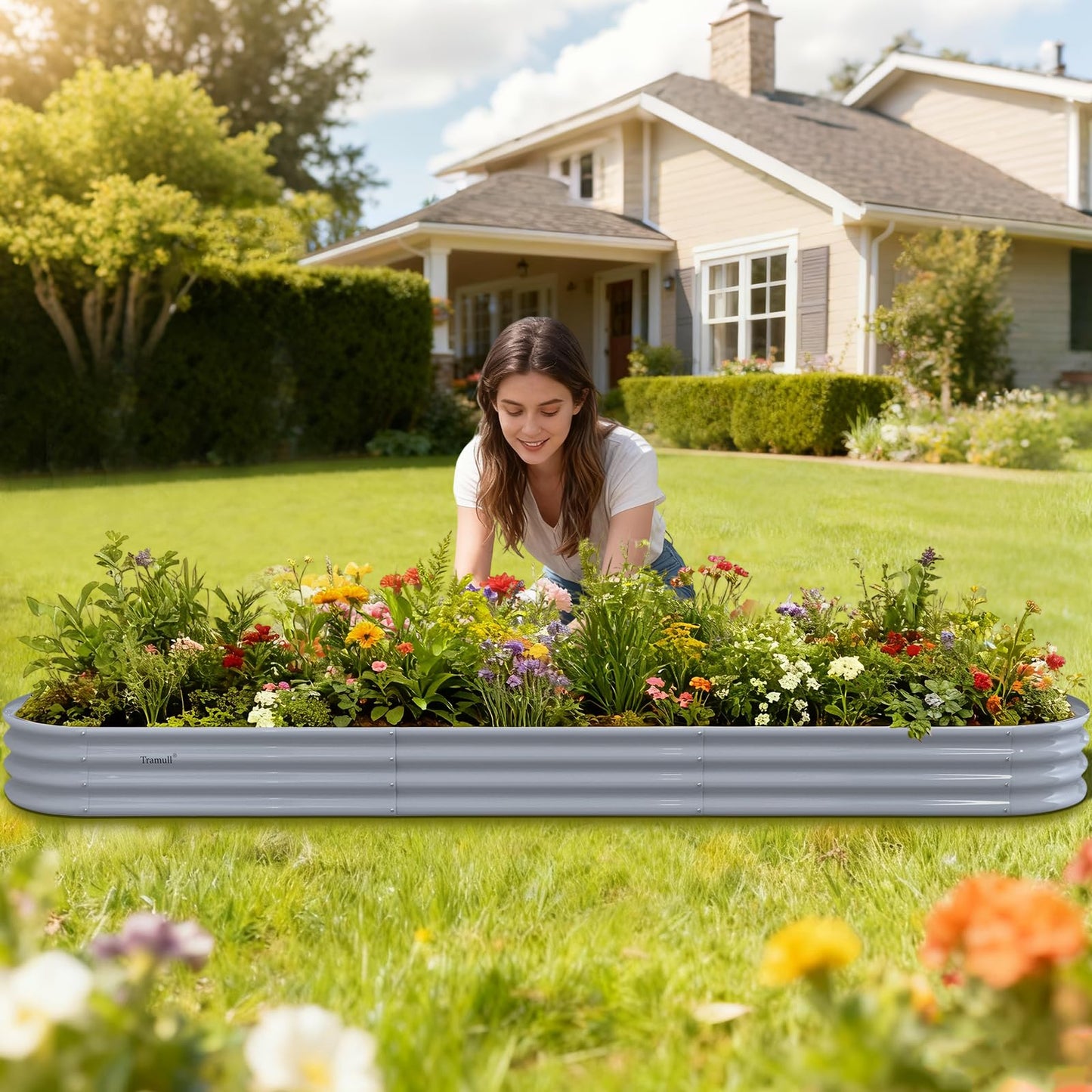 Tramull Galvanized Raised Garden Bed Kit - 12×2×1ft Oval Large Metal Planter Box with Easy Tool-Free Assembly for Vegetable Flower Herb, Outdoor Backyard, Patio, Kitchen Garden Family-Friendly (Gray)