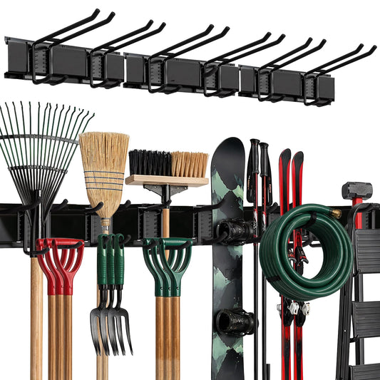 TIDYME Garage Wall Organizer | 48" Heavy-Duty Tool Storage Rack | Adjustable Double-Layer Hooks | 300 lbs Capacity | Carbon Steel Wall Mount Holder for Shovels, Rakes, Ladders & Power Tools