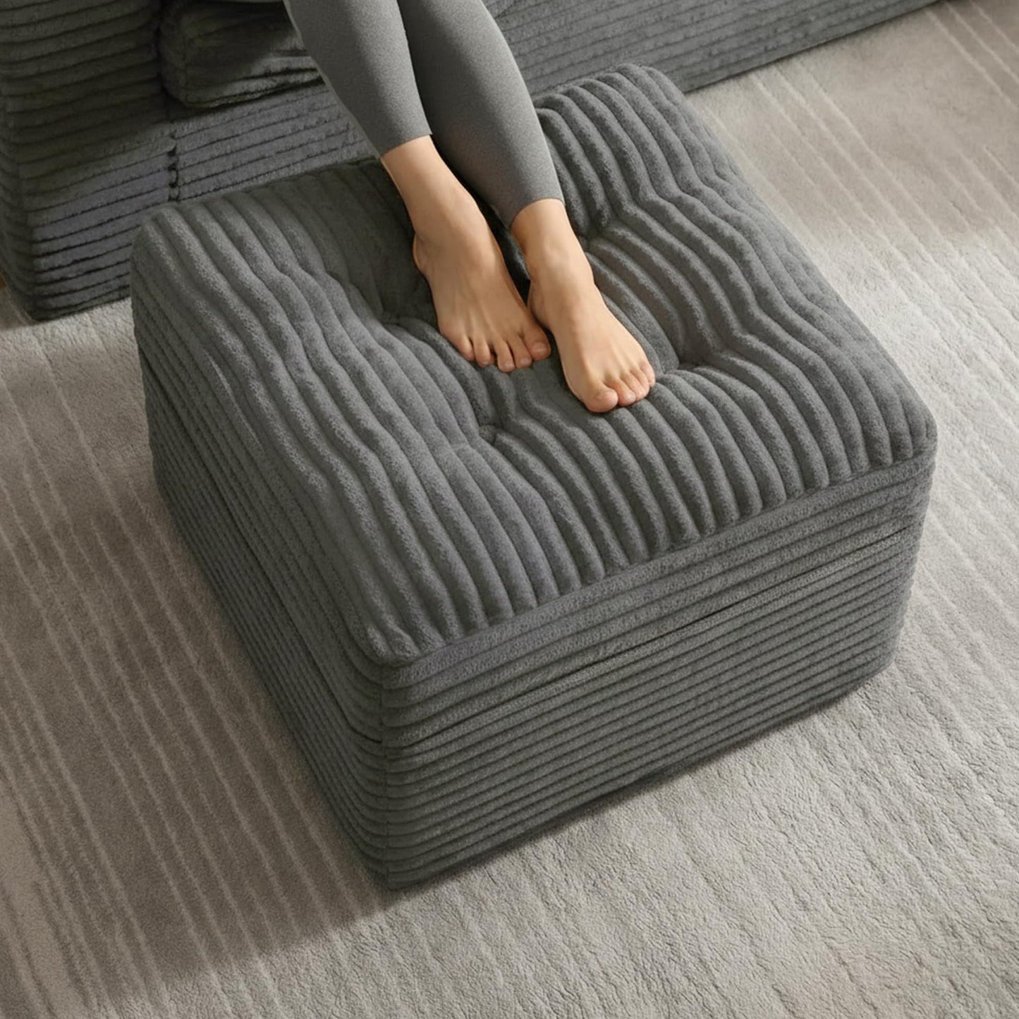 Fabulcozy 23.6in Pouf Ottoman, Corduroy Ottoman Foot Rest with Dual‑Layer Support, Large Poofy Pouf with Soft Chunk‑Foam Top & Firm Foam Base, Floor Foot Stool for Living Room, Dark Grey