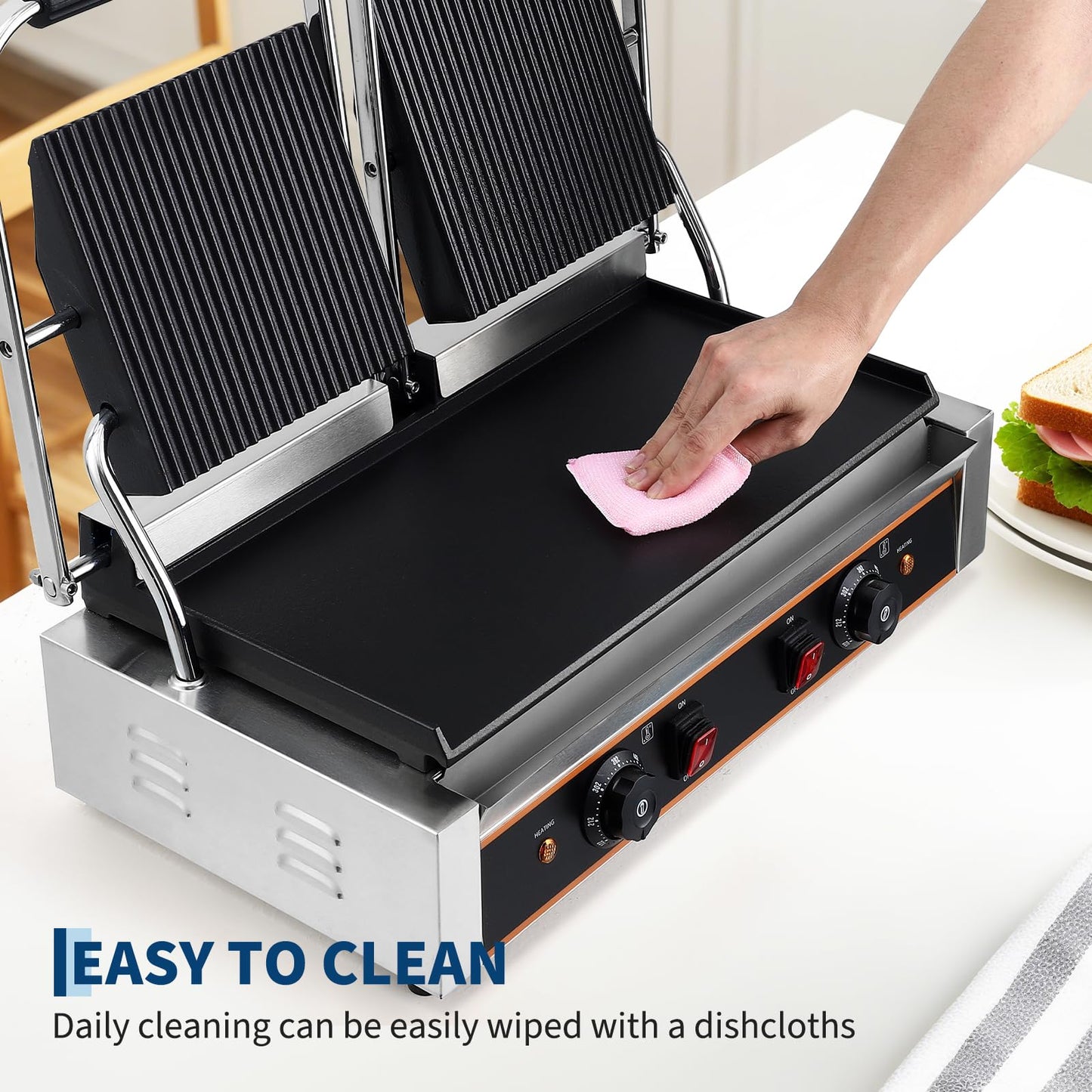 MilleLoom Commercial Panini Press Grill with 19"x 9" Grooved Top and Smooth Bottom Plates for Burgers Steaks Panini, Countertop Electric Sandwich Maker with Adjustable Temp Control, 110V/220V, 3600W
