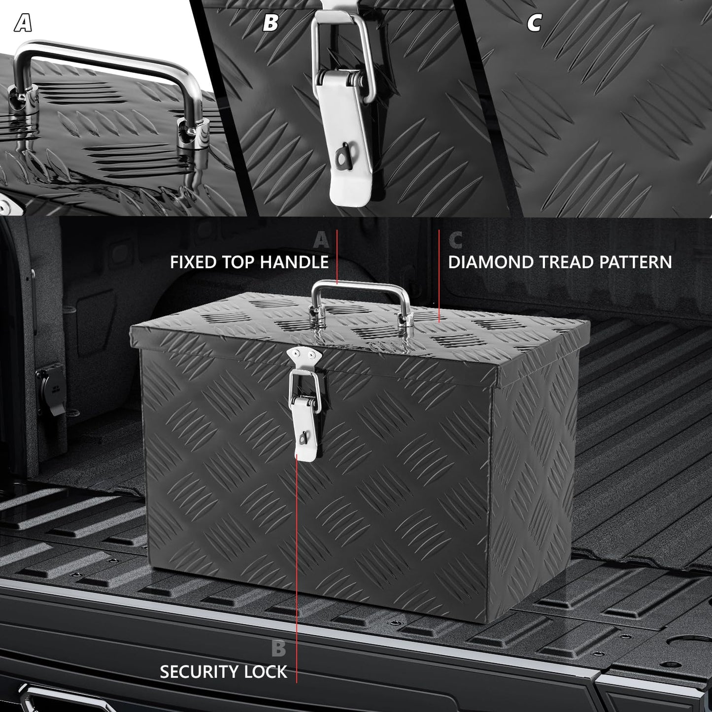 DNA MOTORING Truck Tool Box Lockable Storage Box, Aluminum Tool Box for Bed of Truck, w/Lock & Keys, 16" L X 7.5" W X 10" H Black, TBOX-T5-007-BK