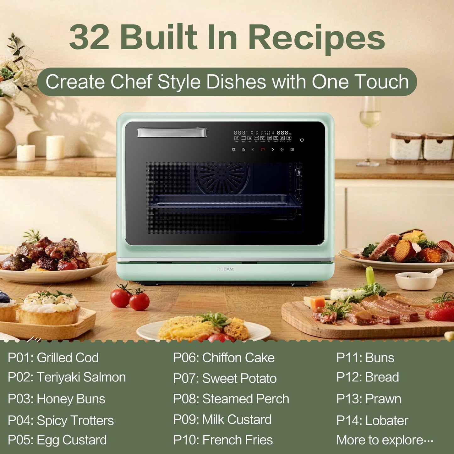 ROBAM Toaster Air Fryer Steam Oven Combo, Countertop Convection Cooker with Fry & Bake, 1.2 Cu.Ft Large Capacity Combi Oven, Smart Touch Precise Temp Control, Multi-Stage, 32 Preset Recipes (Green)