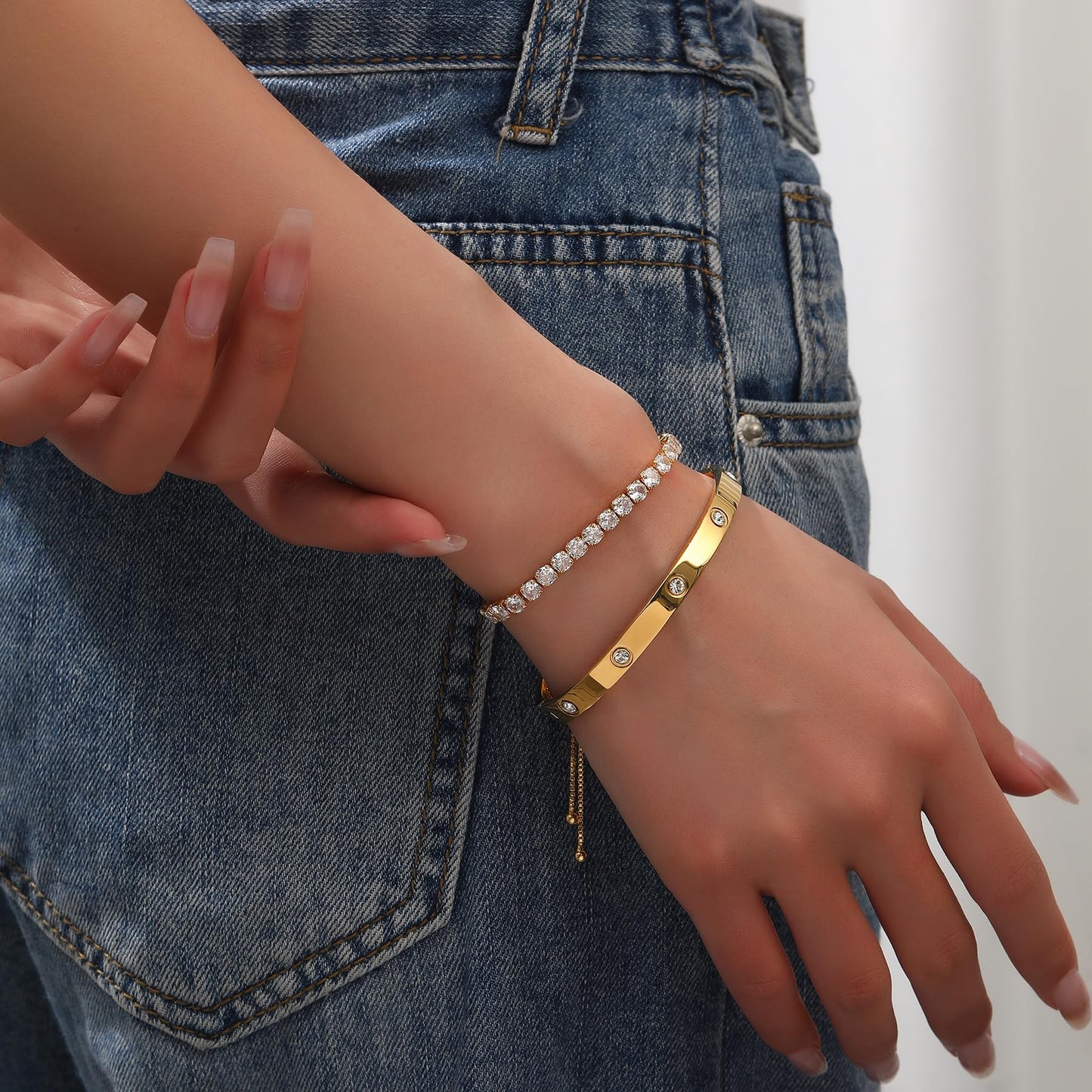 Jade cabbage Gold Bracelets for Women 18K Gold Plated Love Friendship Bracelet With Cubic Zirconia Cuff Bangle Jewelry Set Witness the Gift of Love (6mm gold 2pcs-B Medium 6.5")