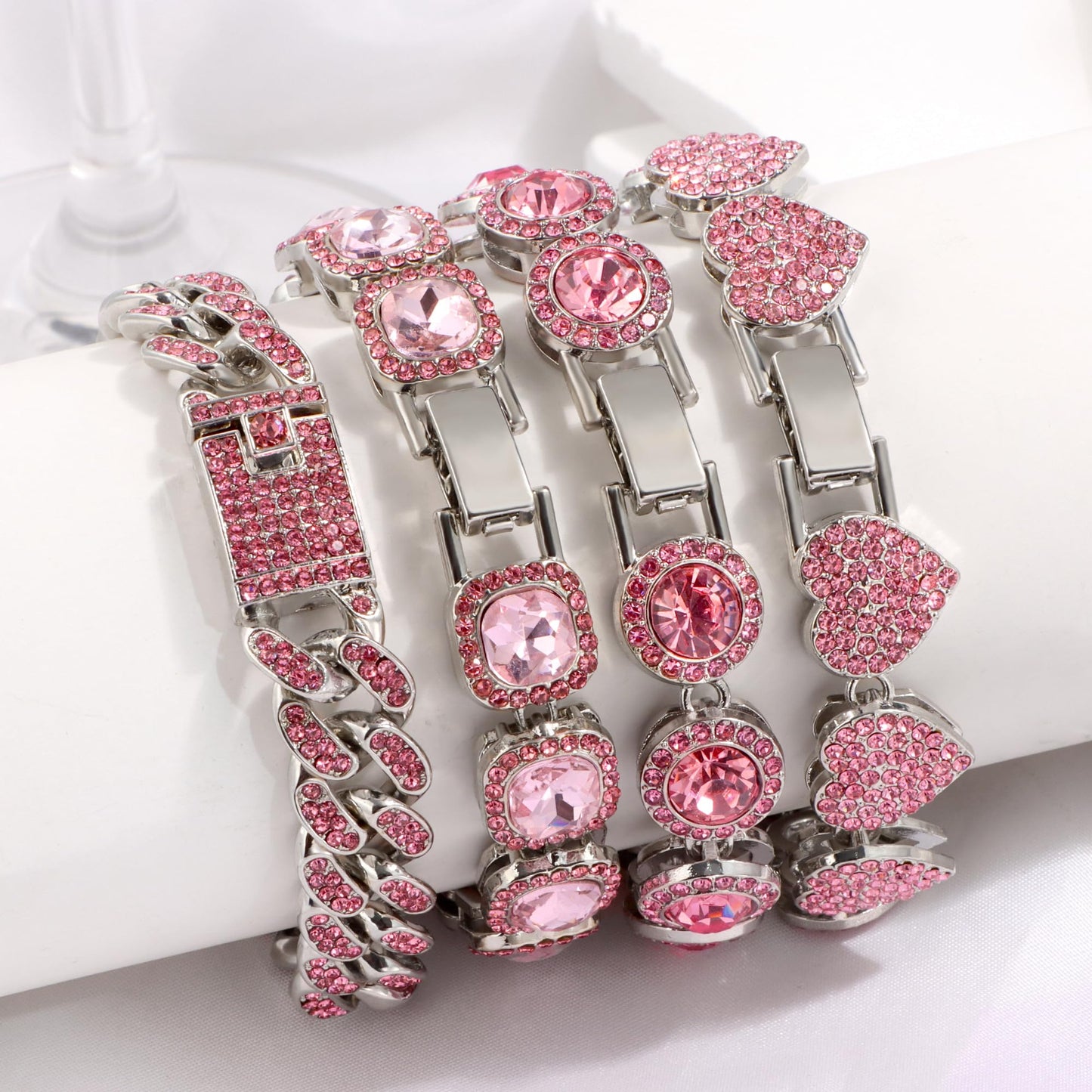 shopbyskyler 4PCS Gold Bracelets for Women Silver Clustered Tennis Bracelet for Women Heart Round Diamond Cuban Bracelet Layered Link Bracelet Set Fashion Jewelry for Women Set (Pink, 8inch)