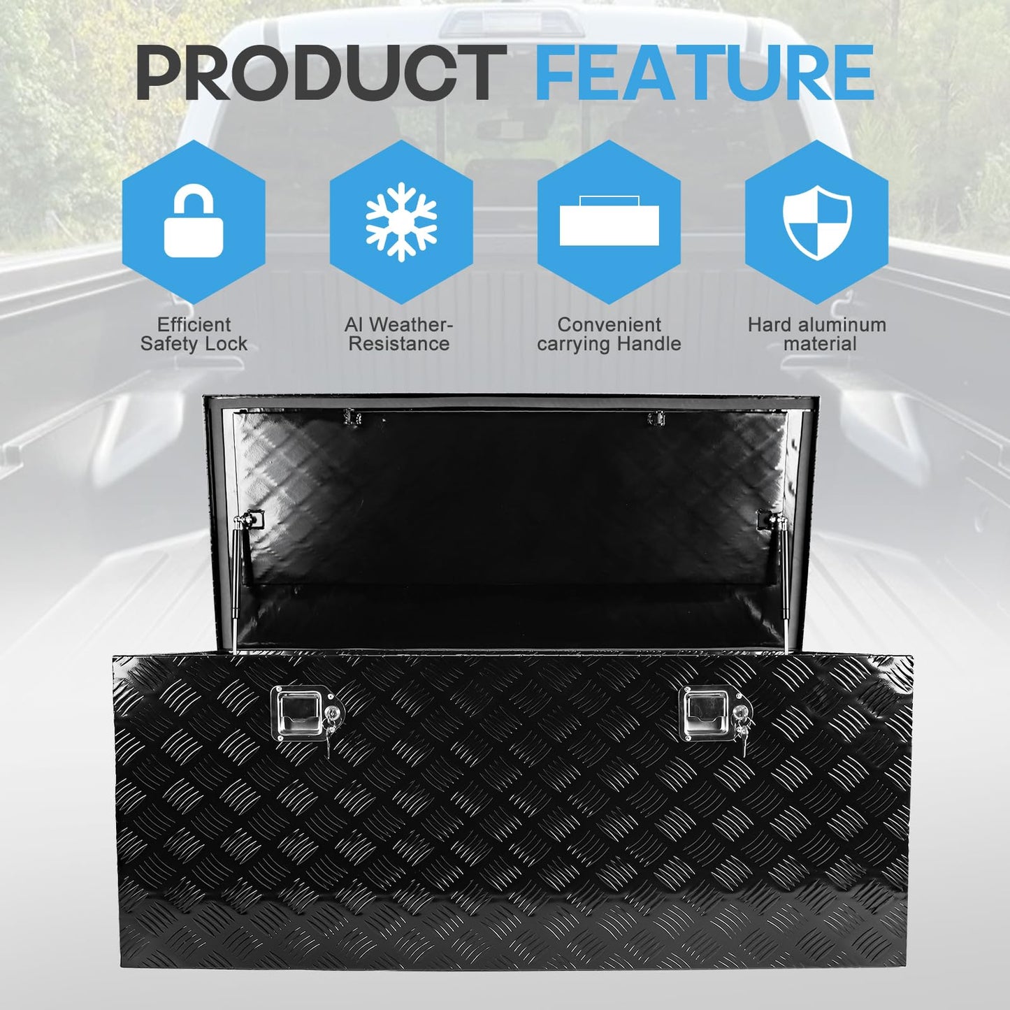 BLACKHORSE-RACING 48 Inch Heavy Duty Aluminum Tool Box Pick Up Truck Bed RV Trailer Toolbox Square Storage Organizer with Side Handle, Lock and Keys- Black48 x 19.5" x 17.5 "