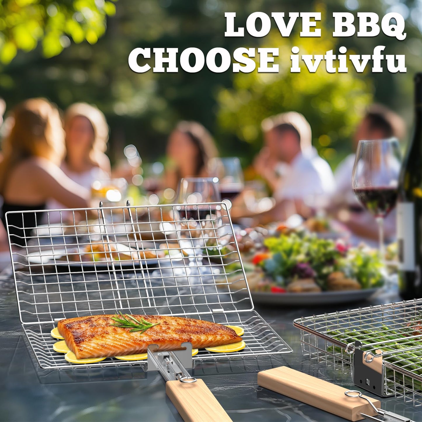 ivtivfu Fish Grill Basket Set, Removable Wooden Handle, 304 Stainless Steel, Nesting BBQ Tools, Smoker Grilling Accessories for Vegetable, Outdoor Cooking Camping, Birthday Gifts for Men Dad Husband