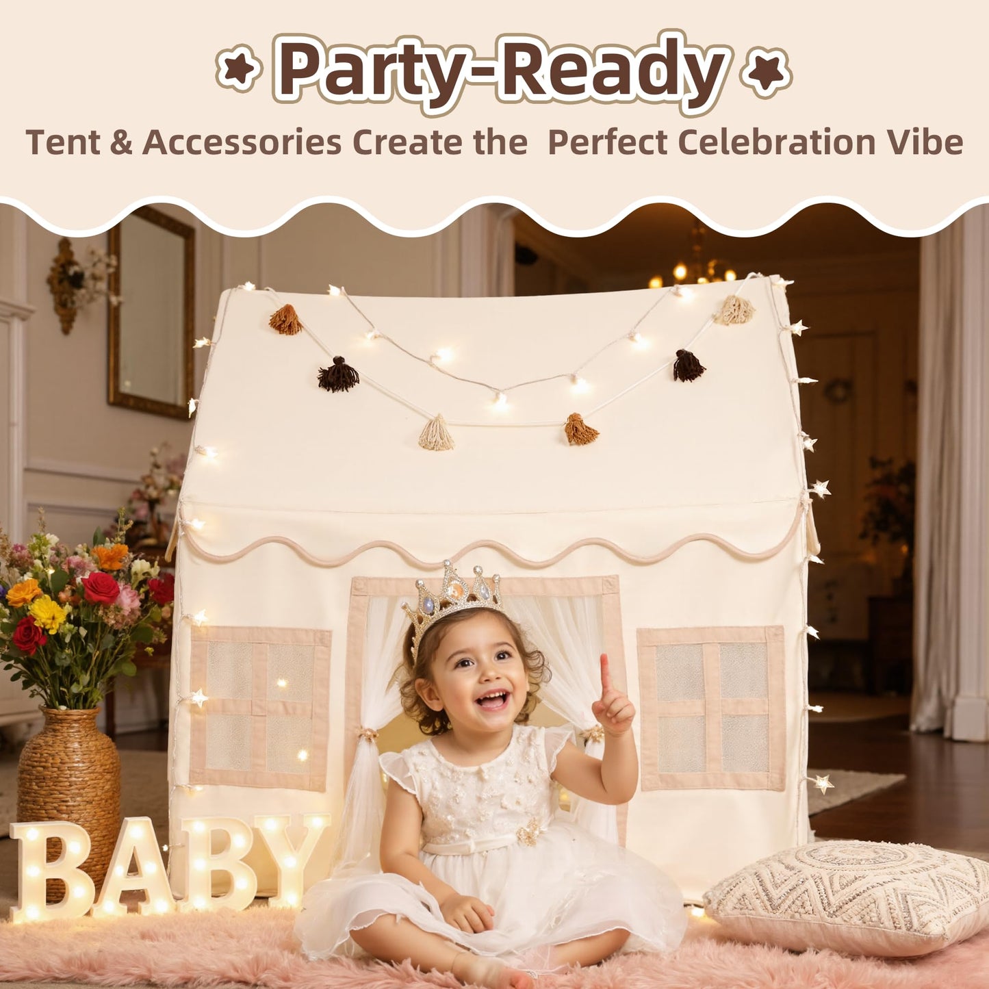 Senodeer Kids Play Tent Indoor: with Mat, Tassel Garland, Star Lights - Girl Tent Indoor Playhouse for Kids Toys for Boy Girl Birthday Gift