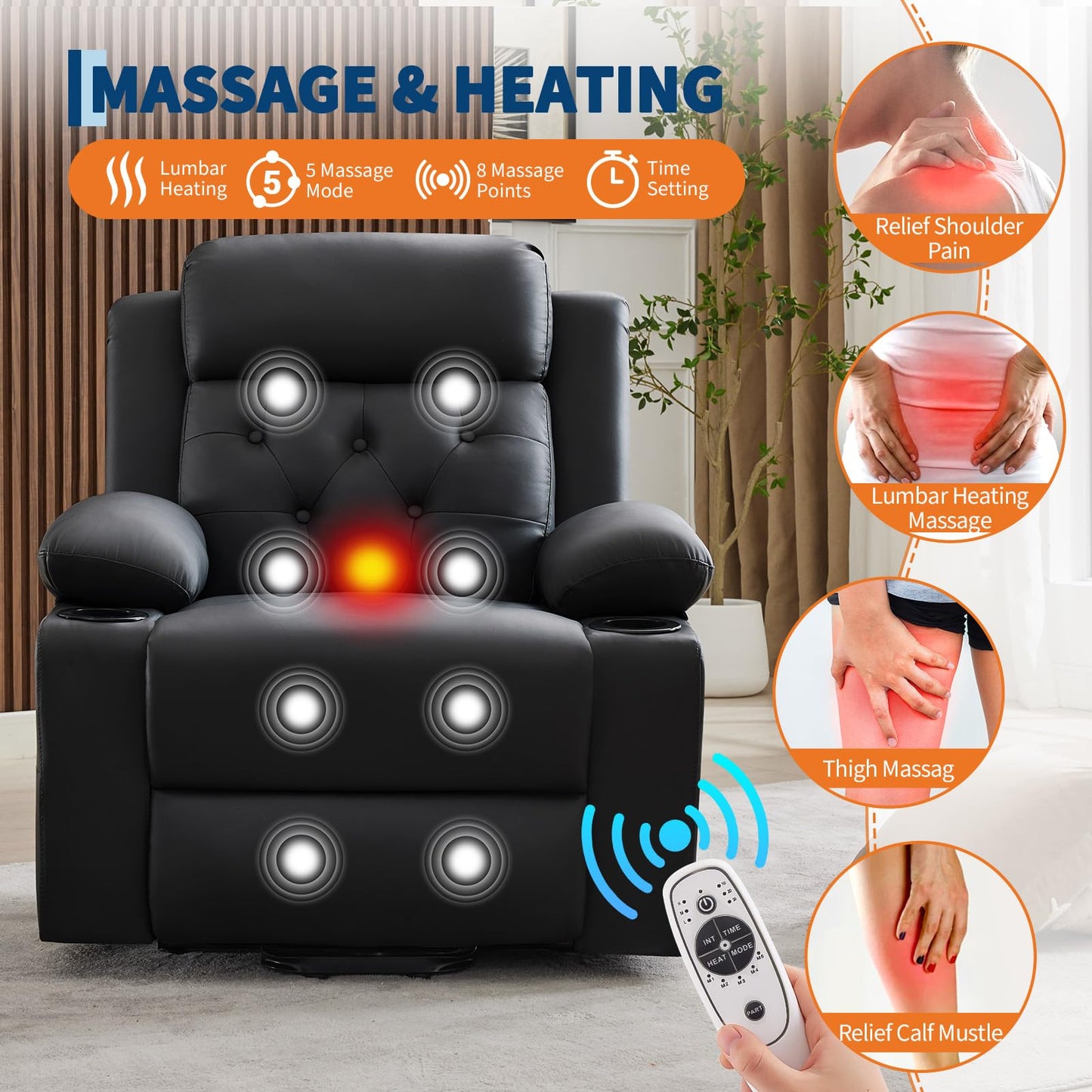 PeacefulHues Oversized Power Lift Recliner Chair for Elderly,Electric Lift Chair with Vibration Massage and Lumbar Heating,PU Leather Single Sofa with Side Pockets, Two Cup Holders for Big and Tall