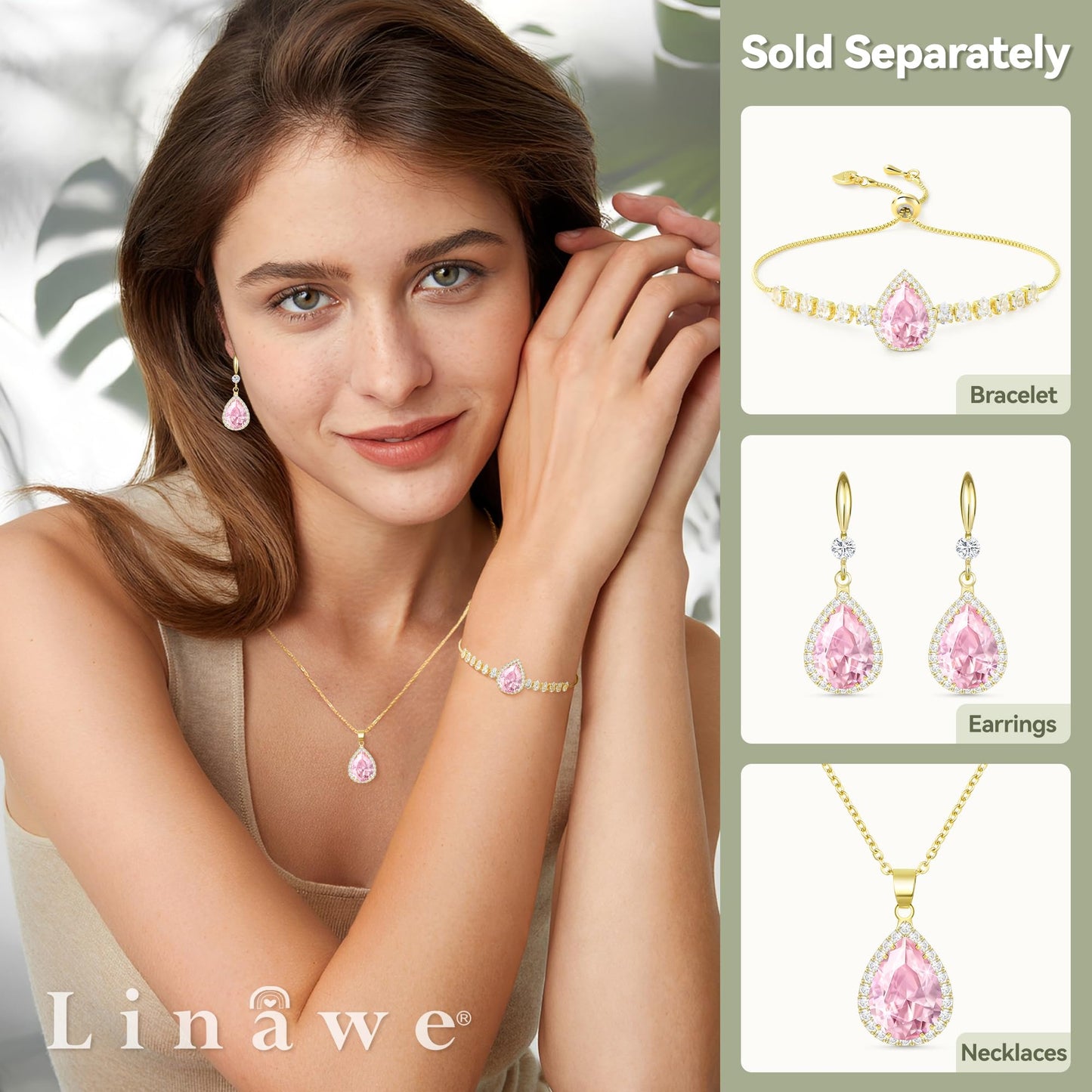 Linawe Fake Pink Crystal Pendant, KC Imitation Gold Plated Chain Imitation Diamond Cubic Zirconia Birthstone Rhinestone Teardrop Necklace, Bridal Wedding Bride Bridesmaids Jewelry Set