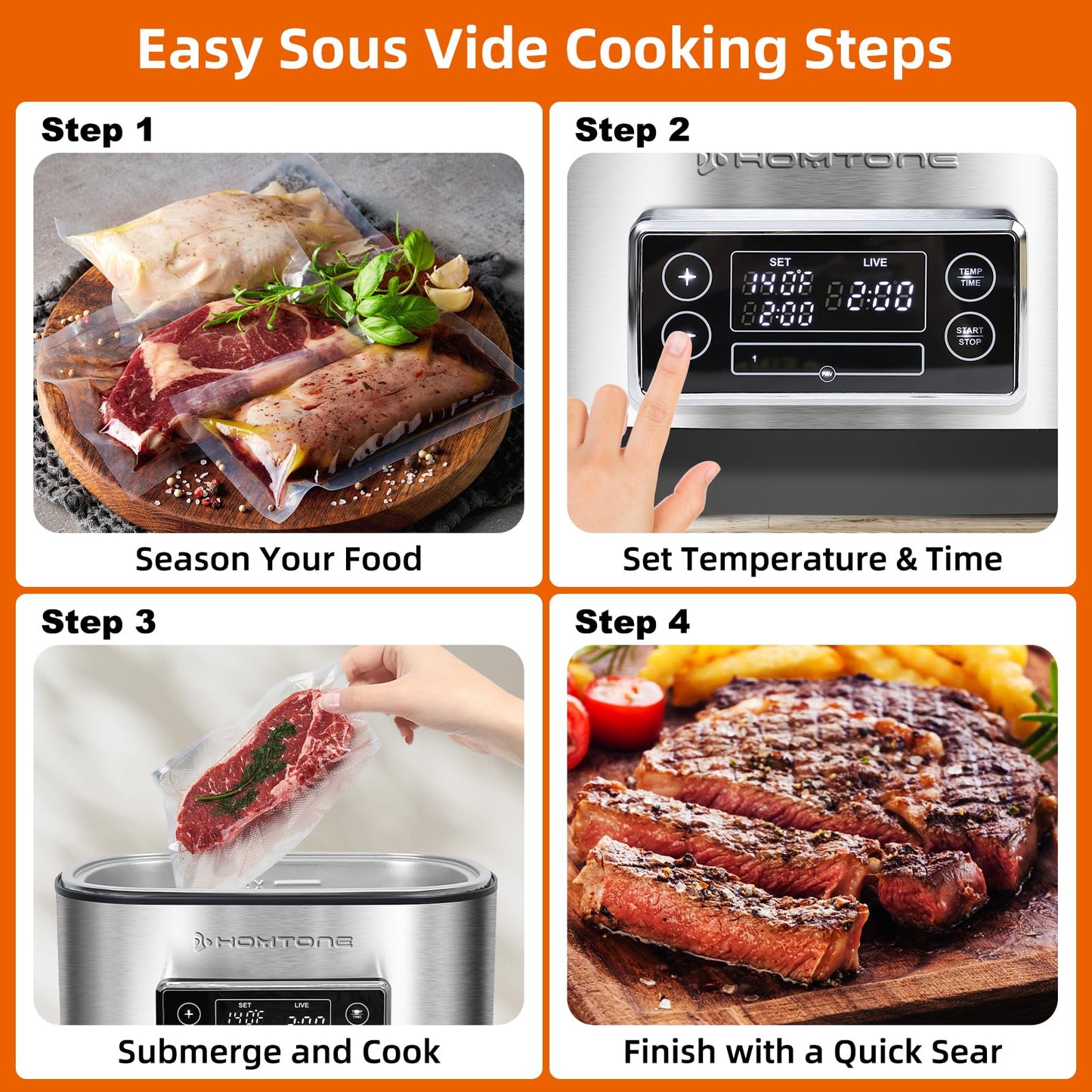 Homtone 8 Quart Sous Vide, Temperature Control Sous Vide Cooker with Timer, Stainless Steel Sousvide for Steak/Seafood/Vegetables, Suveed Cooking Machine Precision Steak Cooker with Vacuum Bags