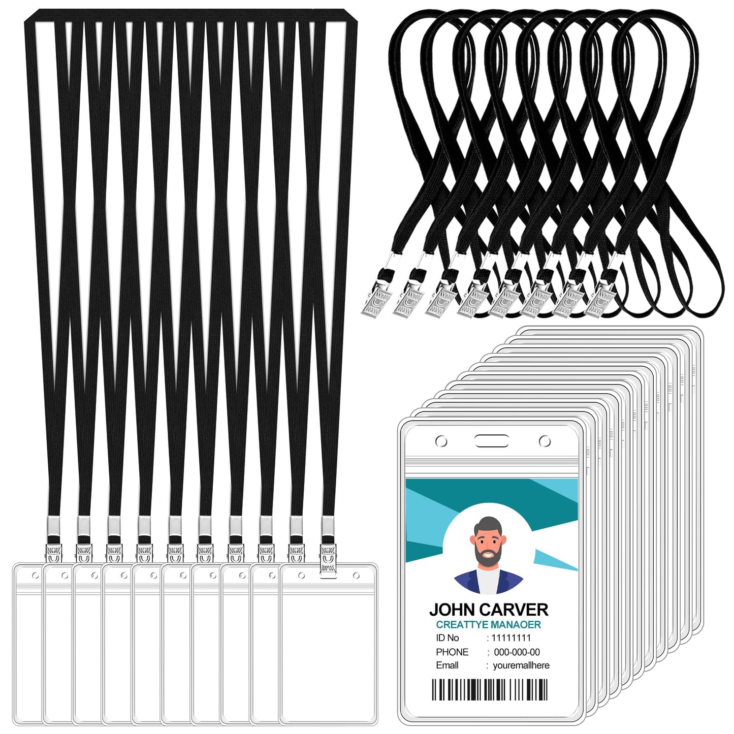 50 Pcs Clear Vertical Badge Id Card and 50 Pcs Lanyard, Reusable Lanyards for Id Badge Holder Name Tag Badge Holder with Lanyards for Adults Kids Business School Conferences (Black)