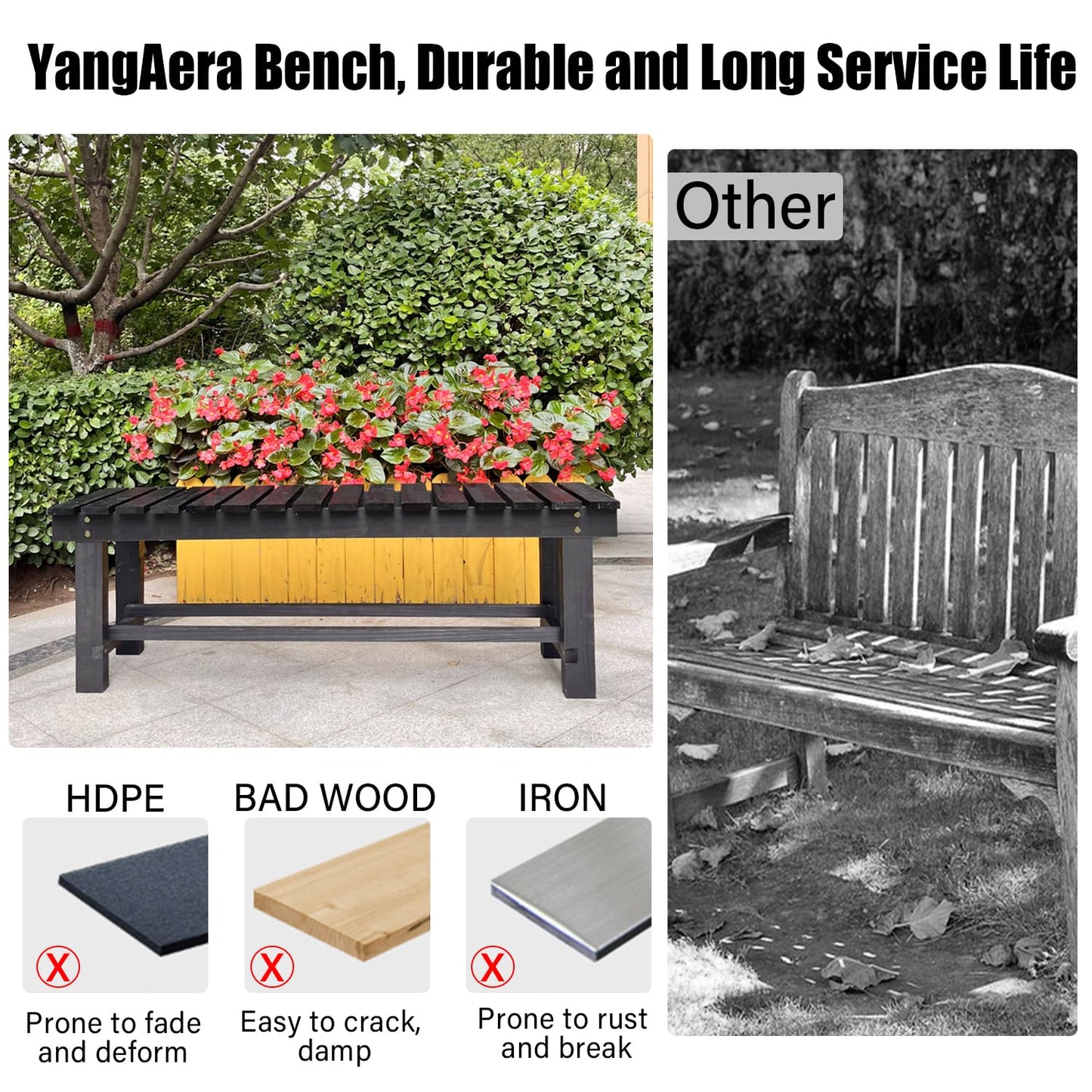 YangAera 47.2'' Outdoor Garden Benches Weatherproof Patio Bench Two-Person Seat Backless Bench Wood Bench with Slatted High Temperature Bench for Front Porch Backyard (Upgraded to Prevent Fading)