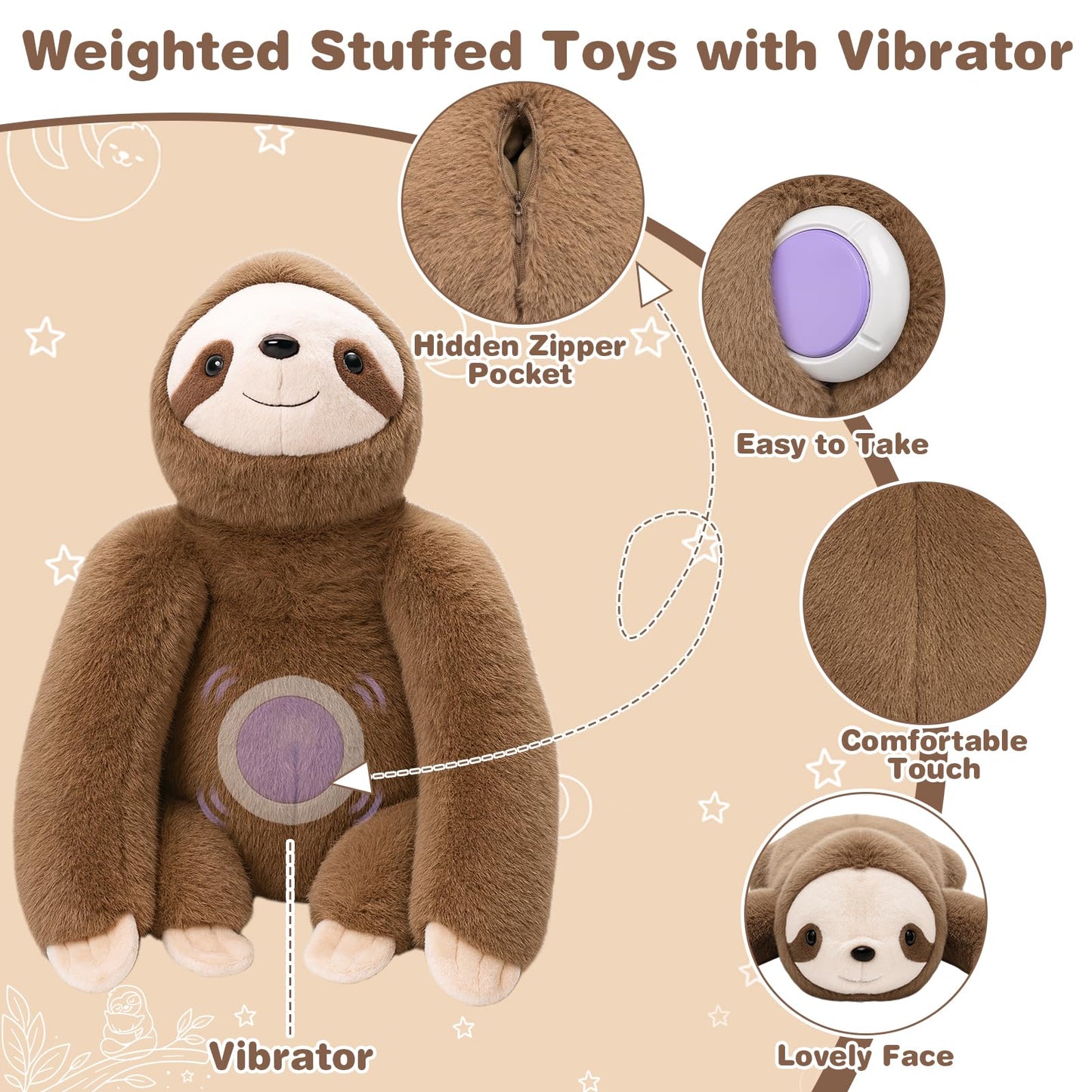 Joyreal Sloth Sensory Weighted Vibrating Pillow, Pressure Activated for Kids Adults, Plush Minky Soft Size: 11 by 21 inches Pillow Animal for Focus & Balance for Gift Birthday Autistic (Beige)