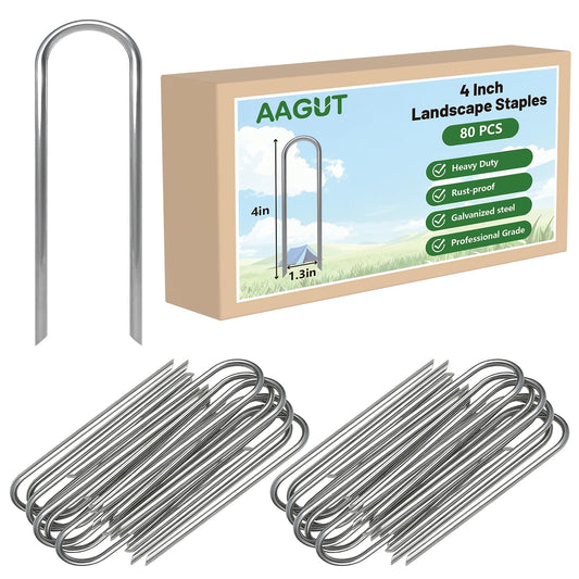 AAGUT 4 Inch Landscape Stakes 80 Pack Garden Drip Irrigation Tubing Stakes Heavy Duty 14 Gauge Galvanized Ground Staples Lawn U Hooks for Soaker Hose, Chicken Wire, Chain Link Fence, Dog Fence