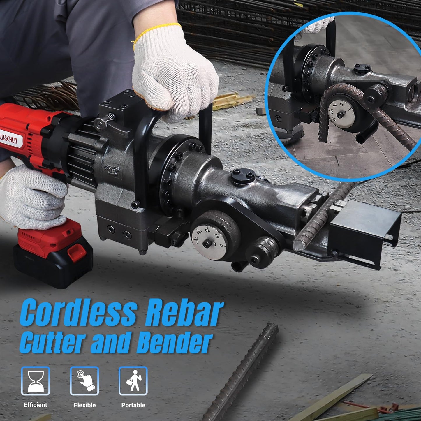 LOSCHEN Cordless Rebar Cutter and Bender,Portable Handheld Rebar Cutting and Bending Saw,Electric Hydraulic Rebar Cutter Bender,Cutting and Bending up to 5/8" #5 (16mm) Rebar (Li-ion Battery Version)