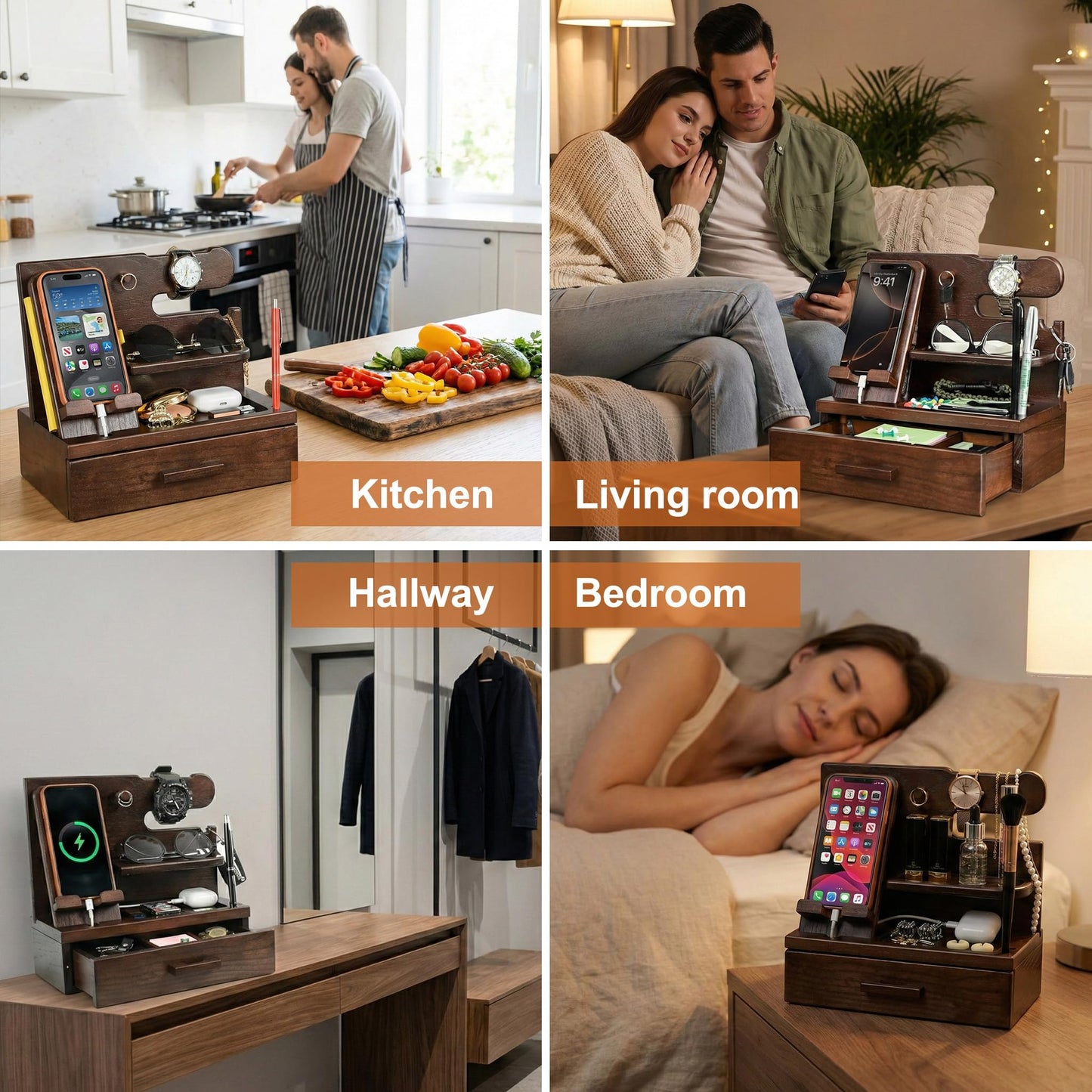 TESLYAR Wood Phone Docking Station with Drawer - Nightstand Organizer - Desk Organizer for Husband - Birthday Gifts for Men, Dad, Anniversary, Key Holder Stand Watch, Accessories (Chocolate Brown)