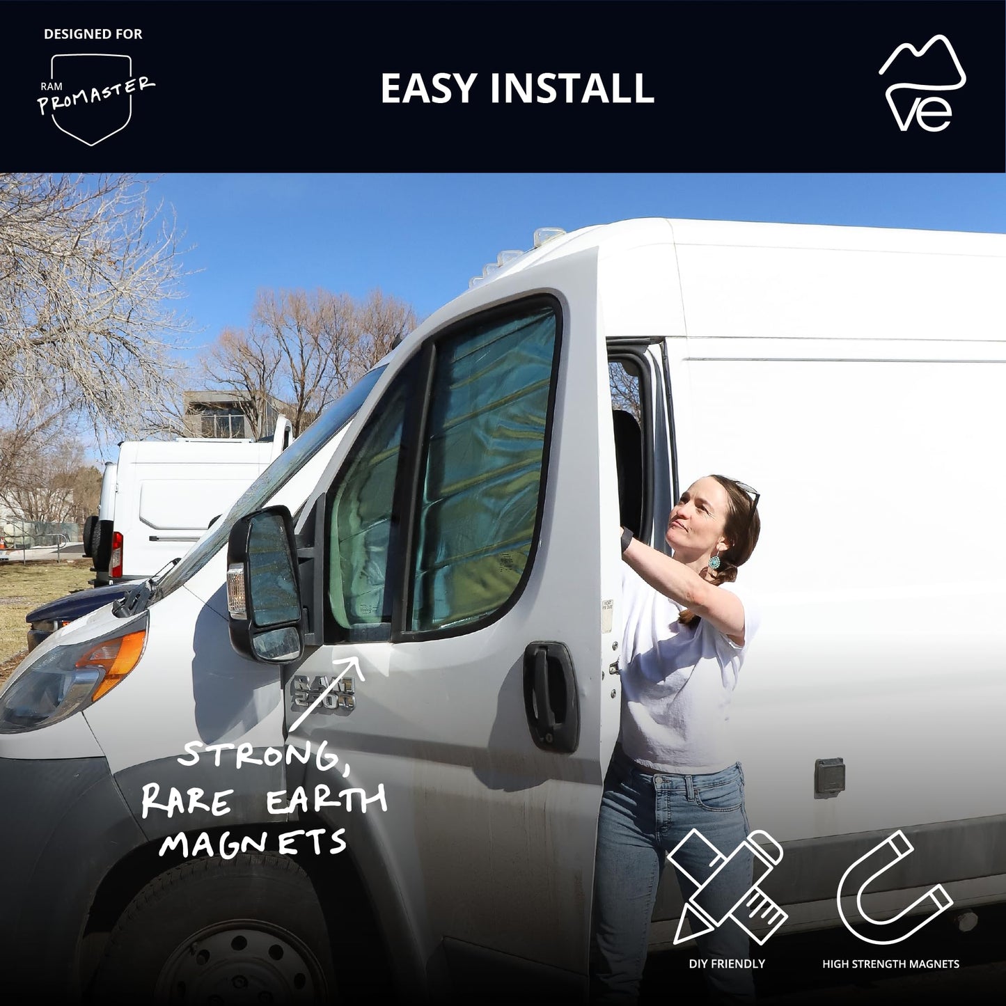 VanEssential Insulated Reflective Blackout Front Door Window Covers Designed for RAM Promaster Van Years 2014 to Current Model (Pair) - Charcoal Gray Reflective