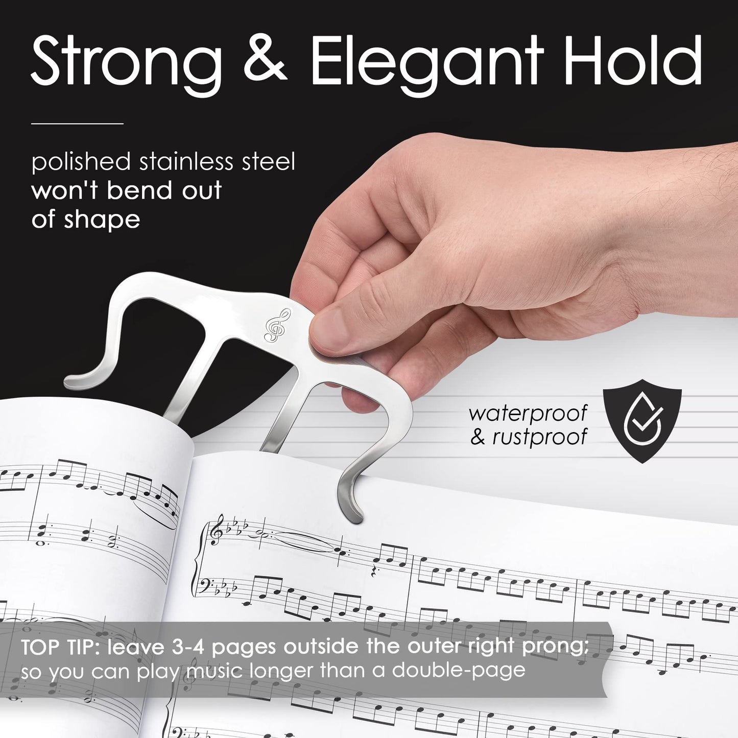 Stelle & Hegen Sheet Music Holder for Music Stand - Polished Stainless Steel Page Holder with Treble Clef Design for Piano Books (Classic Edition)
