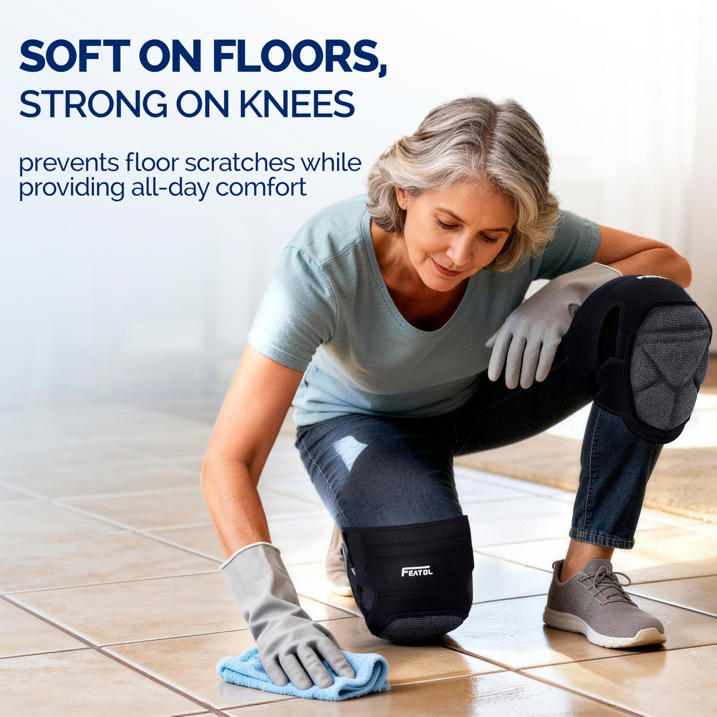 FEATOL Gardening Knee Pads for Women Men, Soft Foam Cushioning & Wear-Resistant Kneepads, Non-Slip Floor-Safe Protection for Flooring, Cleaning, Work