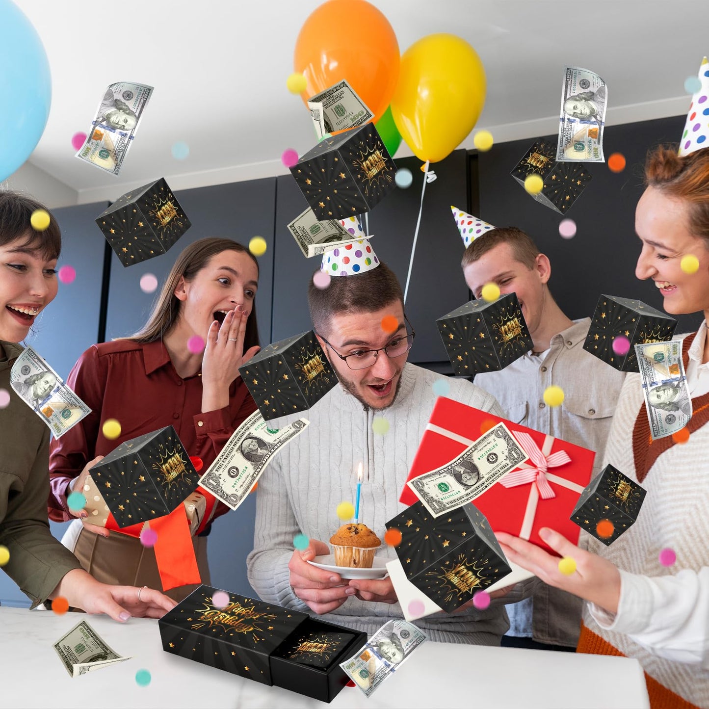 WenmthG Happy Birthday Surprise Gift Box Explosion for Money - DIY Pop Out Folding Bounce Explosion Gift Box with Confetti - Birthday Money Bank - Cash Gift Idea for Women Men Kids (Black Gold)