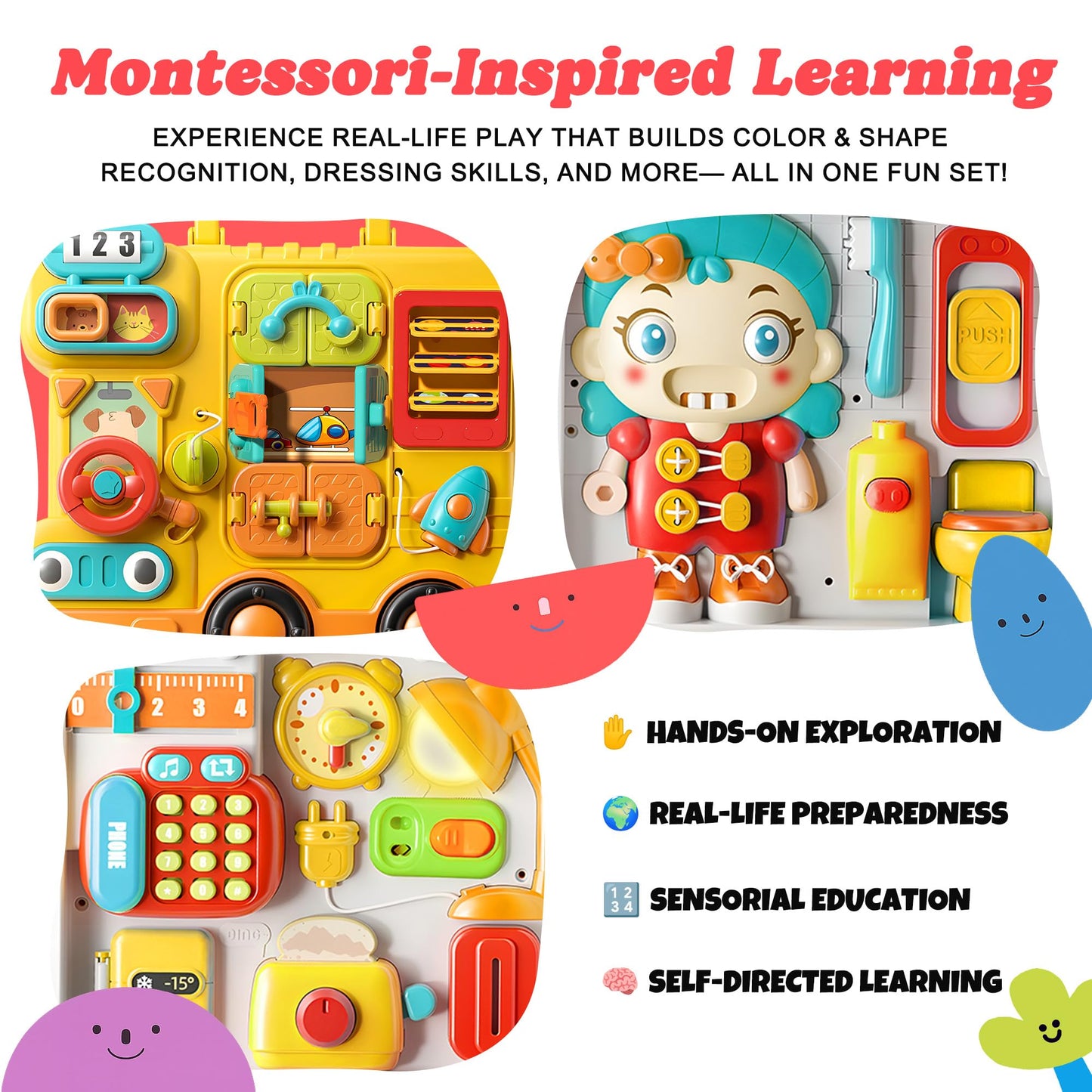 ROHSCE Busy Board for Toddlers 1-3, Montessori Travel Activity Toys with Music, Portable Toddler Activity Board to Develop Fine Motor Skills, Educational Toys for 1 Year Old Boys Girls