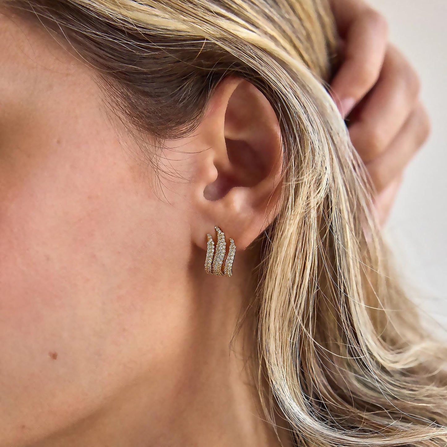 Obidos 14K Gold Plated Illusion Stud Earrings for Women | Triple Huggie Hoop Earrings for One Hole| Trendy Simple Hypoallergenic Fashion Accessories Gold Jewelry Gifts for Womens (Illusion Stud Earrings-Yellow Gold)