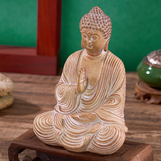 Swaite Zen Buddha Statue - Hand Carved Wood Grain Resin Meditation Decor, Feng Shui Ornament for Living Room Desk, Spiritual Space Zen Garden Decoration (Housewarming Gift/Mindfulness Aid, 7.87inch)