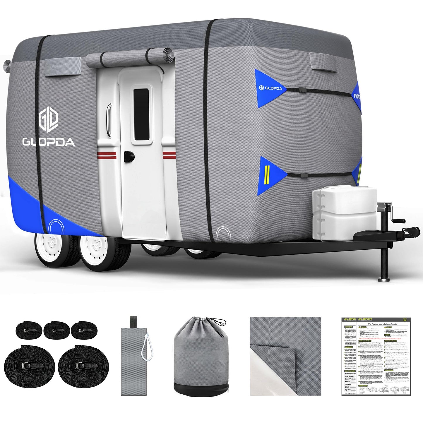 Fiberglass Travel Trailer Cover Fits 13' - 16' Trailers, Anti-Tear 7 Layer Top Camper RV Cover, Superior RV Covers with Windproof Strap, Adhesive Repair Patches