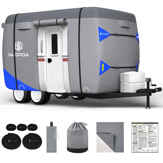 Fiberglass Travel Trailer Cover Fits 13' - 16' Trailers, Anti-Tear 7 Layer Top Camper RV Cover, Superior RV Covers with Windproof Strap, Adhesive Repair Patches