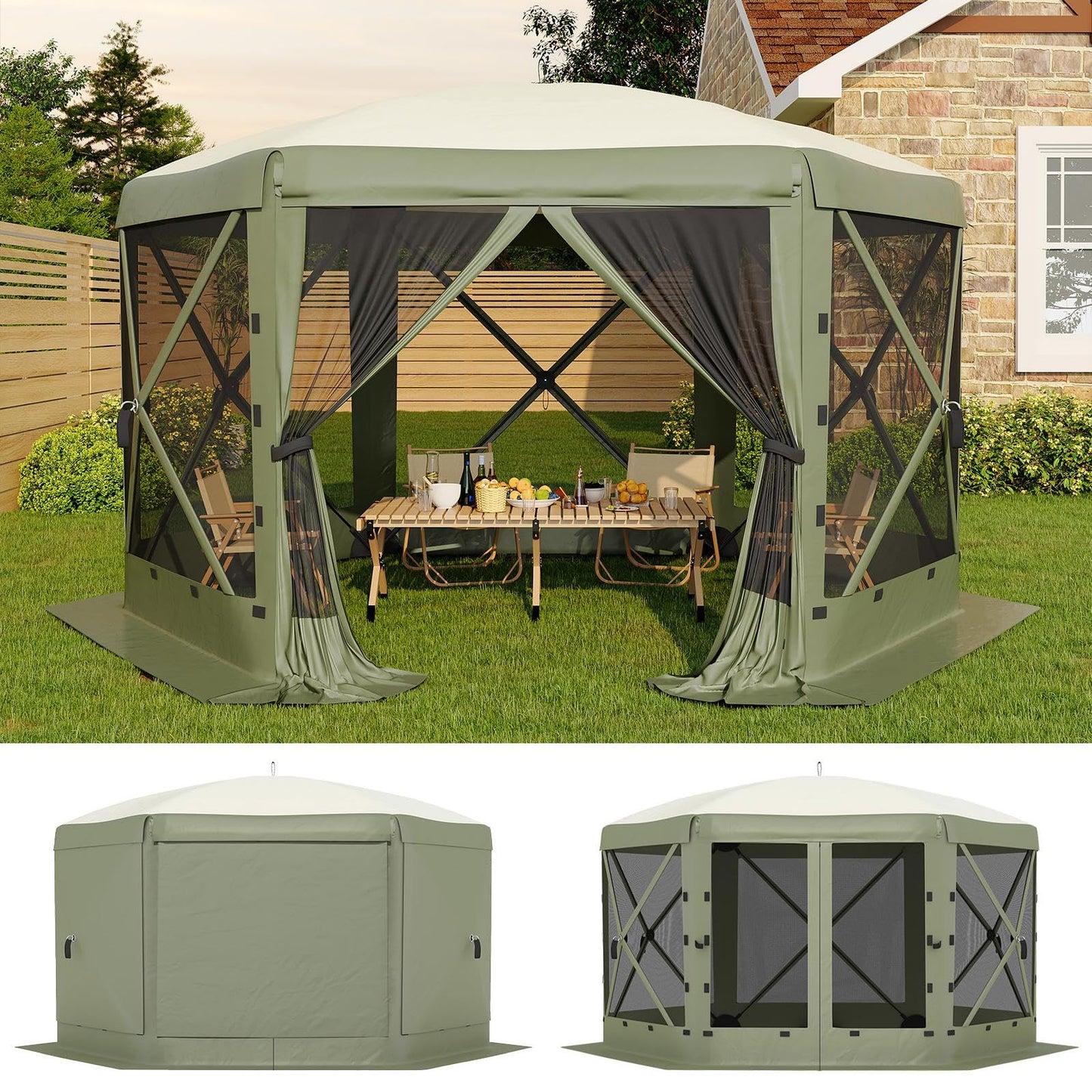 GarveeLife 13x13FT 6-Sided Pop Up Gazebo Tent，One-Push Setup Canopy Tent with Removable Canopy Top & Wind Cloths, Outdoor shelter for Camping, Backyard Parties, Outdoor Events - Army Green