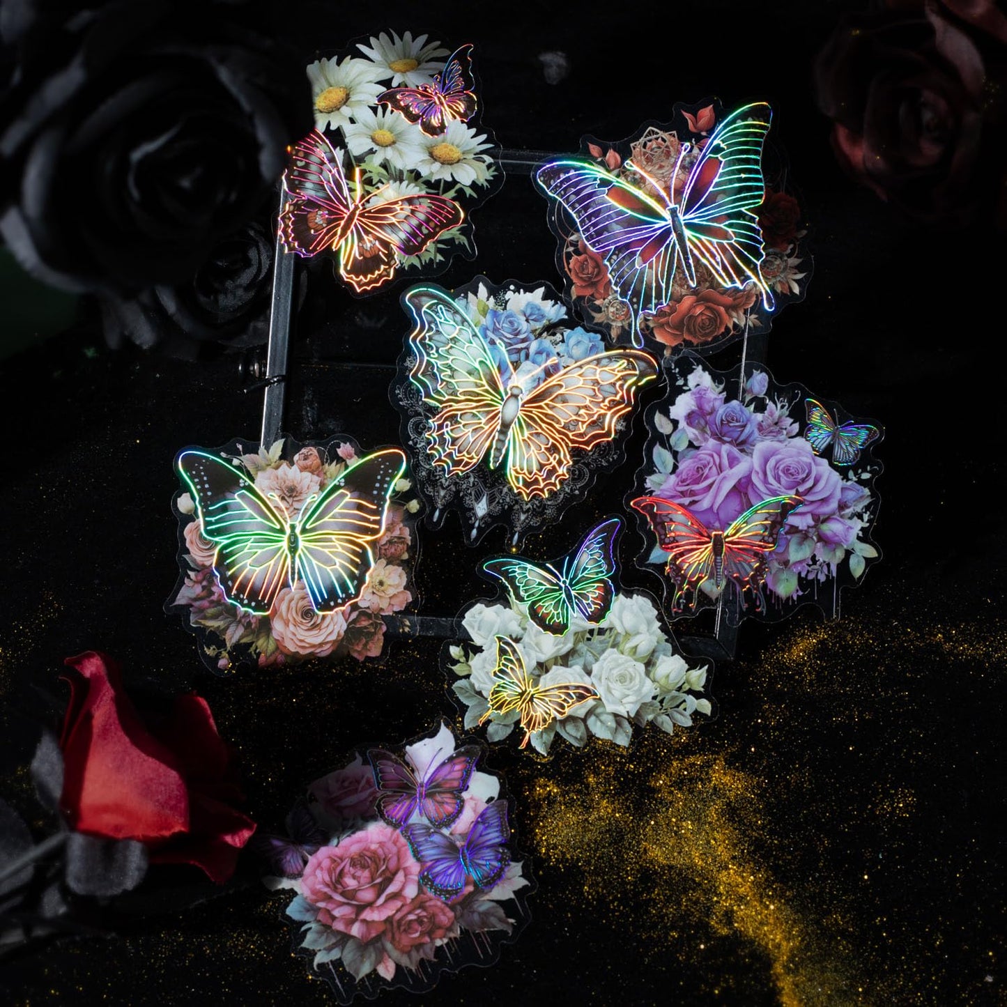 Yoksas 60Pcs Vintage Gothic Holographic Shiny Butterfly Flower Stickers - Clear Waterproof Dark Spooky Butterfly Stickers for Scrapbooking,Junk Journals,Witchcraft Supplies