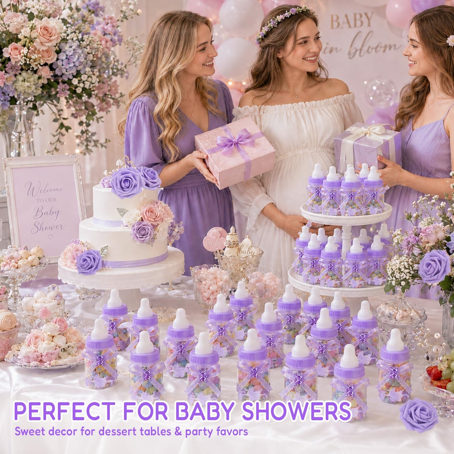 MACTING 2 Dozens 3.5 Inch Feeding Bottle Candy Box with 5Pcs Artificial Flower Rose for Baby Shower Favor Gift Decoration (Purple)
