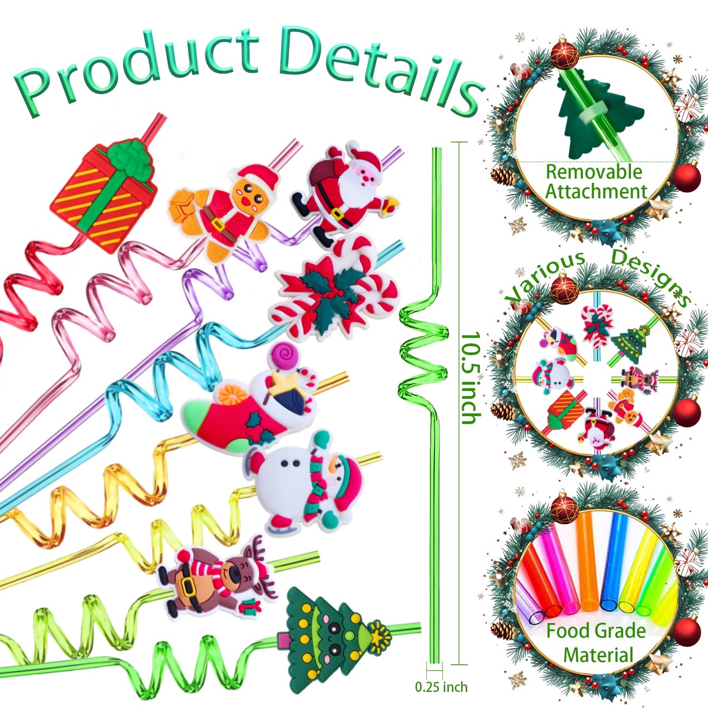LEDUO 24 Christmas Party Favors Drinking Straws-Holiday Party Supplies-Reusable Xmas Santa Snowflakes Snowman Claus Reindeer Plastic Straw with Cartoon Decoration School Party Favors for Kids New Year