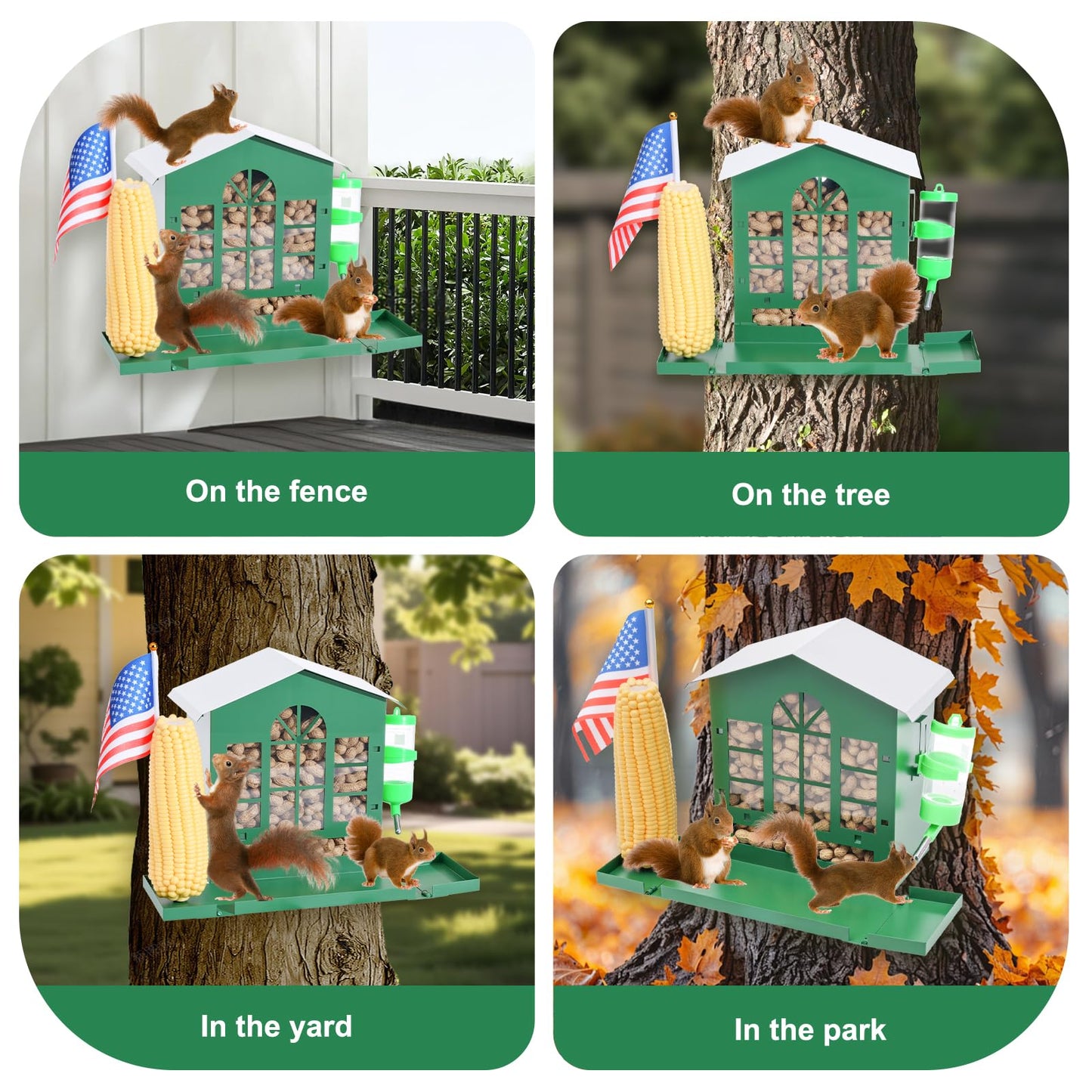 Squirrel Feeder,Metal Squirrel Feeder for Outside,with Water Bottle, Flag and Corn Cobs Holder,Outdoors Chipmunk &Squirrel Picnic Bench Feeders Table,Easy to Install & Refill