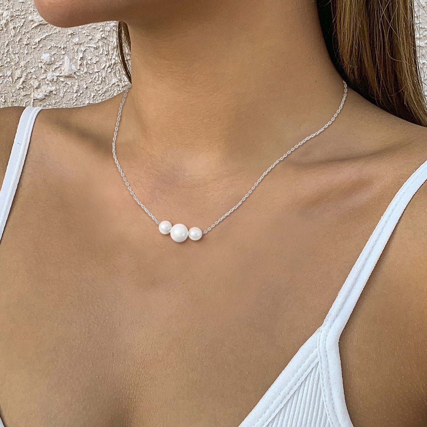 Trinckle Silver Pearl Necklace, Dainty Strands Pearl Pendant Necklace for Women, Silver Prom Jewelry Pearls Charm Necklace, Cute Necklaces for Teen Girls White Choker Necklace