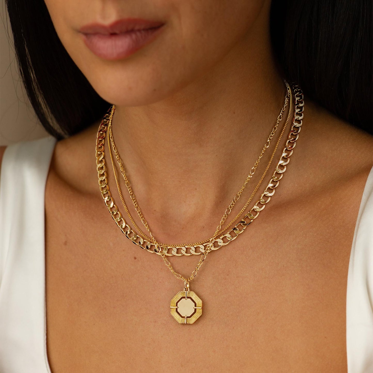 YOIHUR Layered Gold Necklaces for Women,14K Gold Plated Cuban Chain Trendy Layering Hexagonal Pendant Choker Necklace Set Jewelry for Women