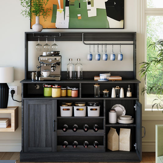 47 in Farmhouse Buffet Sideboard Cabinet with Power Outlets Coffee Bar Cabinet with Storage, Large Buffet Storage Cabinet Table with Wine Racks, Goblet Holder, Hooks for Kitchen, Dining Room, Grey