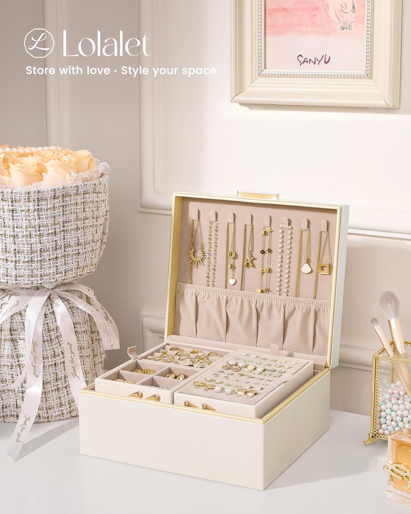 Lolalet Jewelry Box Organizer for Women Girls, 2 Layer Jewelry Organizers and Storage for Necklace Earrings Rings Bracelets, Large Jewellery Holder Case Birthday Gifts -Cream