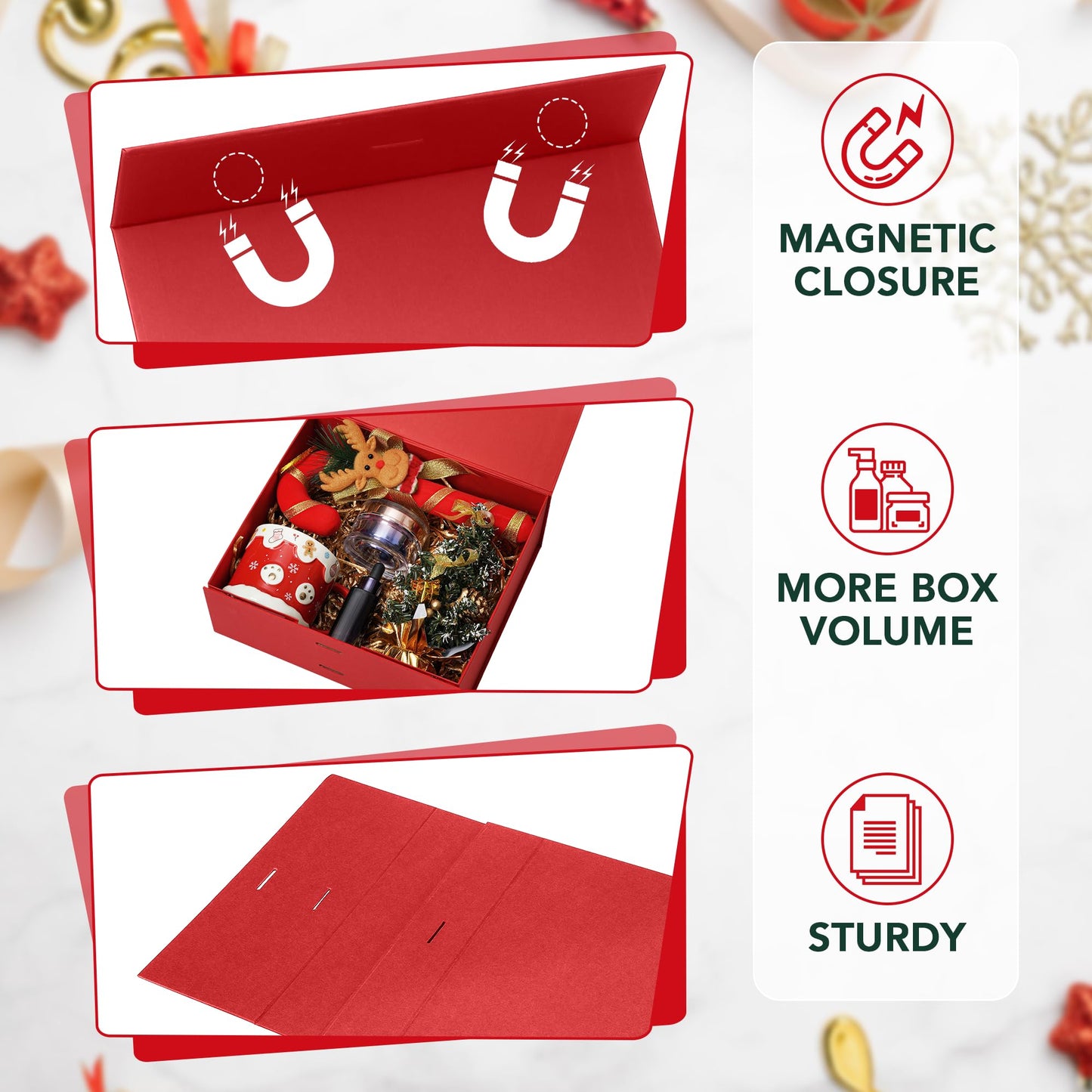 SWANGSA Red Christmas Gift Boxes with Lid for presents 10.2x8.8x3.8 Inches, Large Gift Box with Ribbon and Magnetic Closure, Collapsible Gift Box for Christmas, Wedding, Valentine's day, Birthday Gift